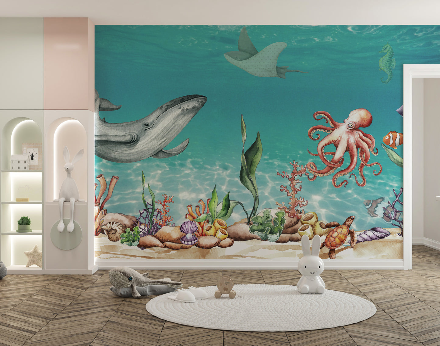 Whale and Friends Wallpaper Mural for a playful ocean vibe