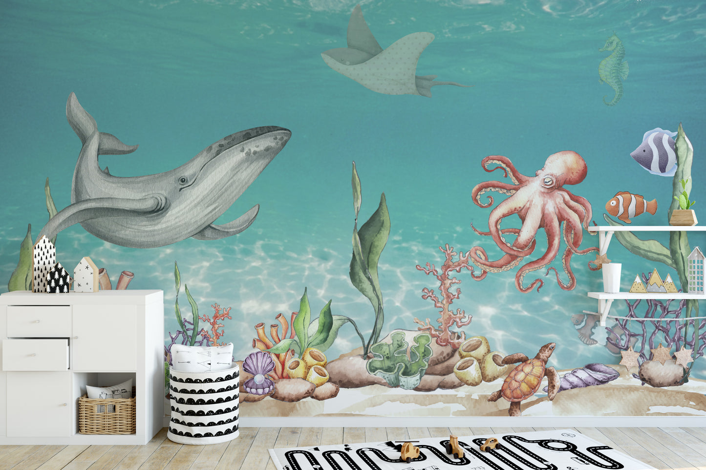 Whale and Friends Wallpaper Mural with ocean’s gentle giants