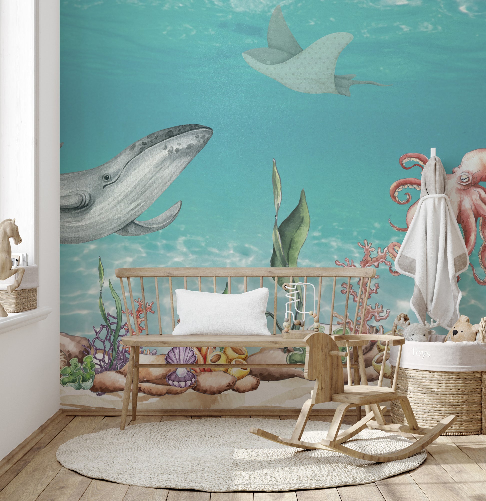 Whale and Friends Wall Mural with colorful sea animals