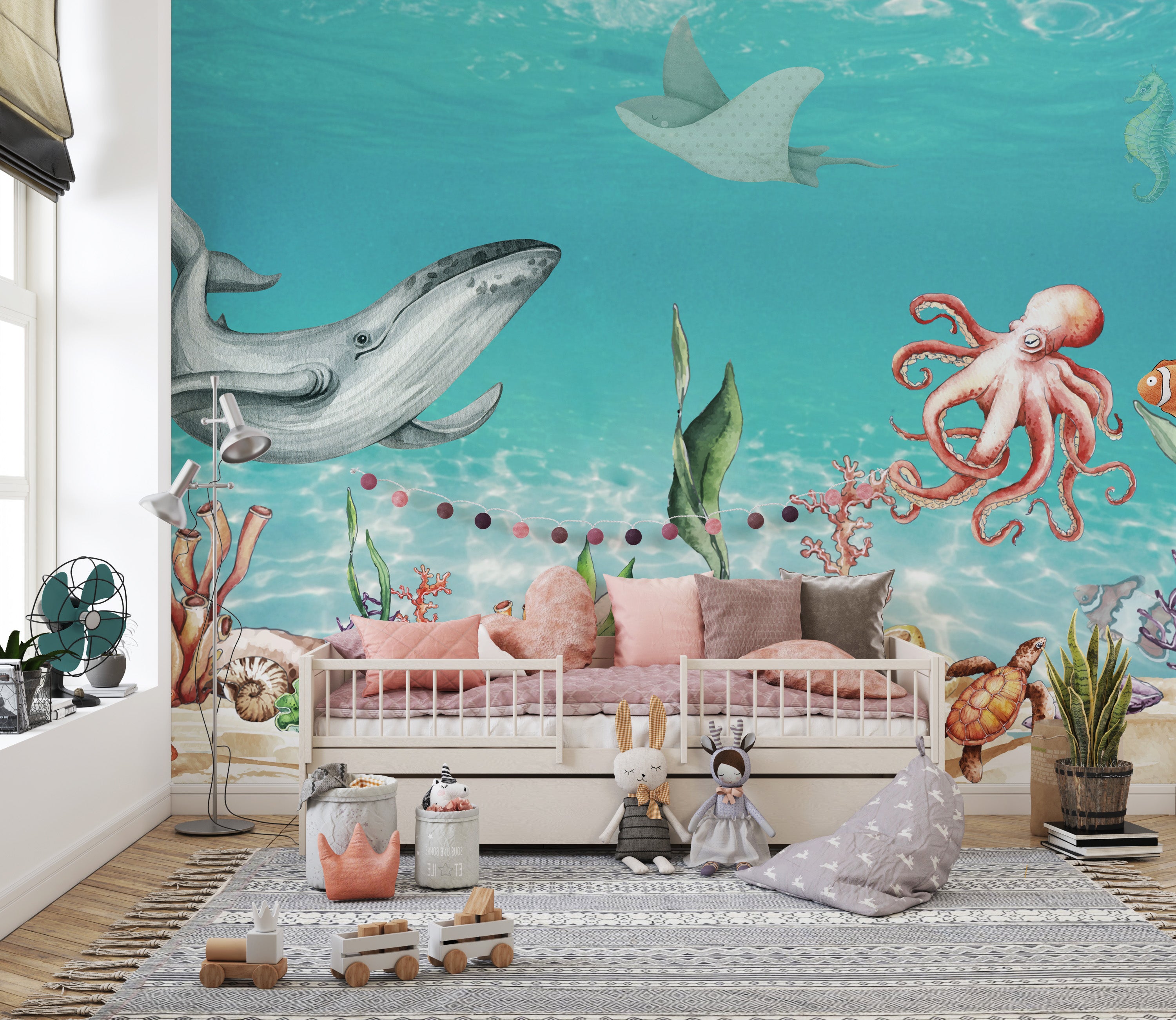 Whale and Friends Wallpaper Mural for a fun ocean theme