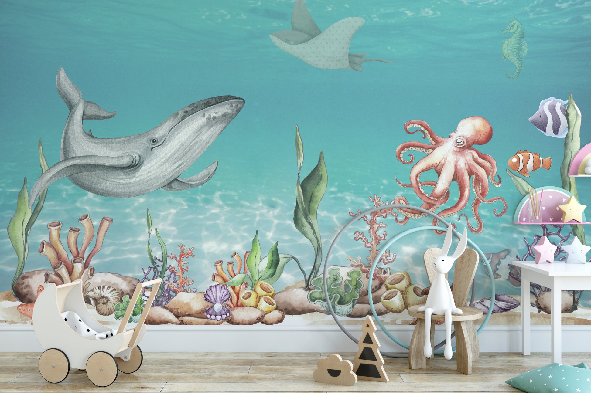 Whale and Friends Wallpaper Mural with whales and dolphins