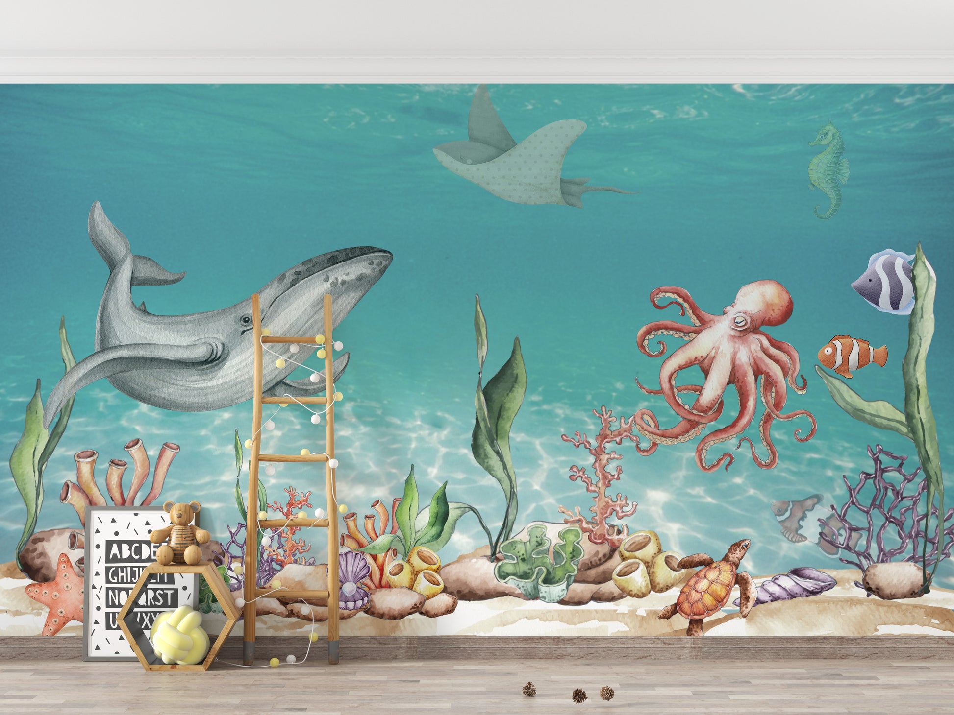 Whale and Friends Wall Mural for a cheerful underwater view