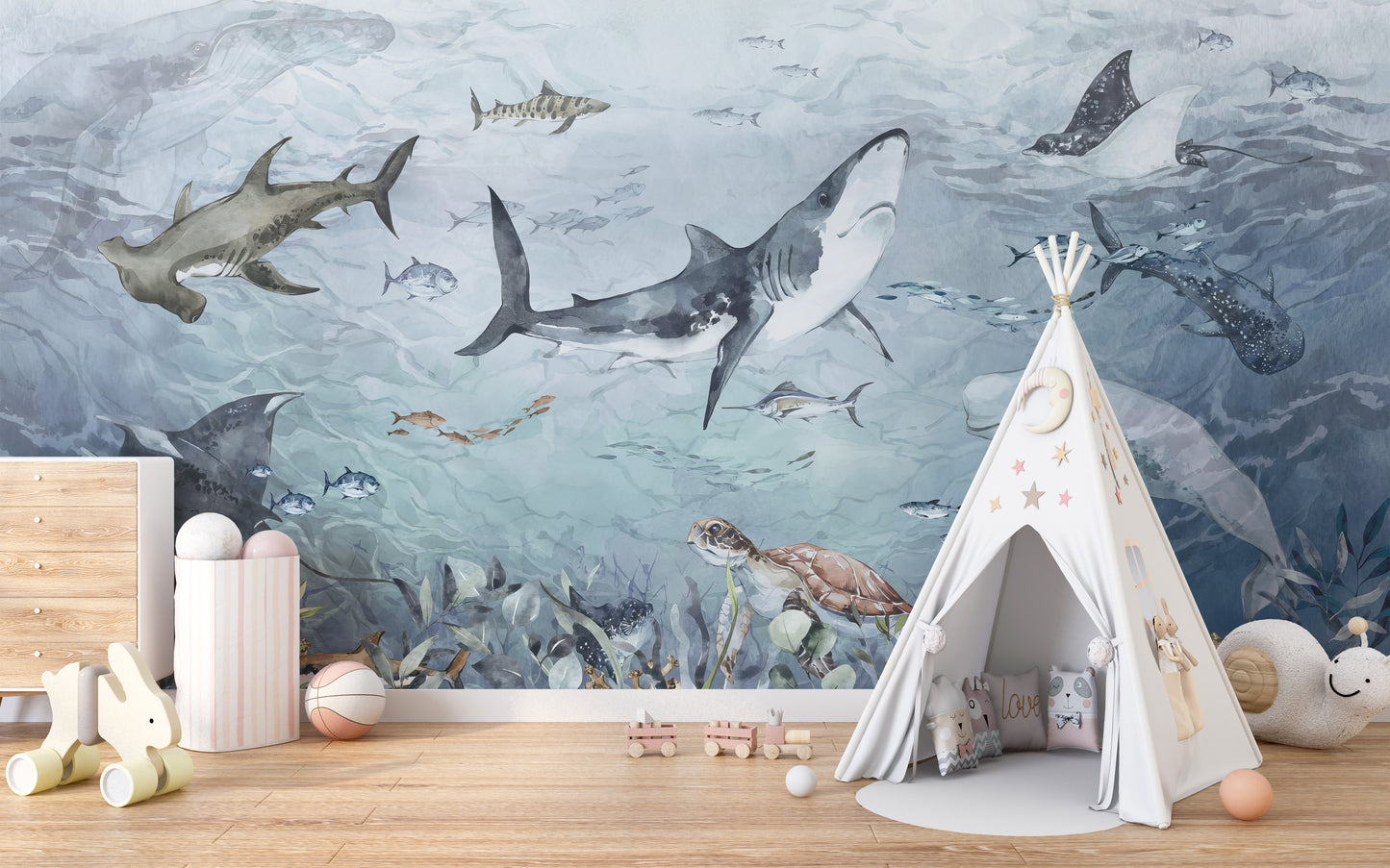 Oceanic Haven Wallpaper Mural with blue ocean tones