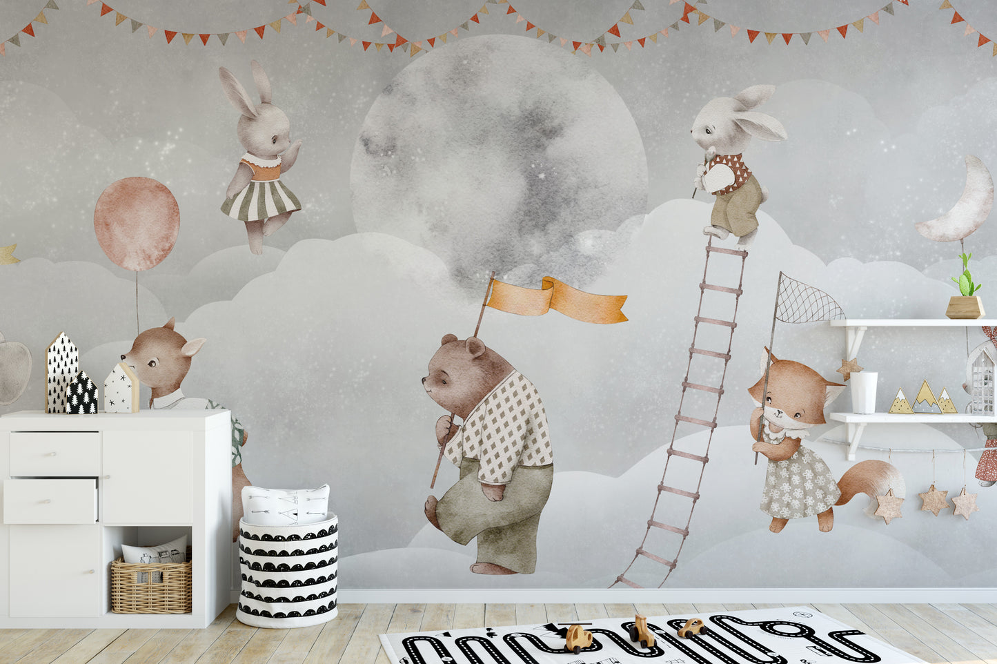 Moonlit bears mural with forest charm
