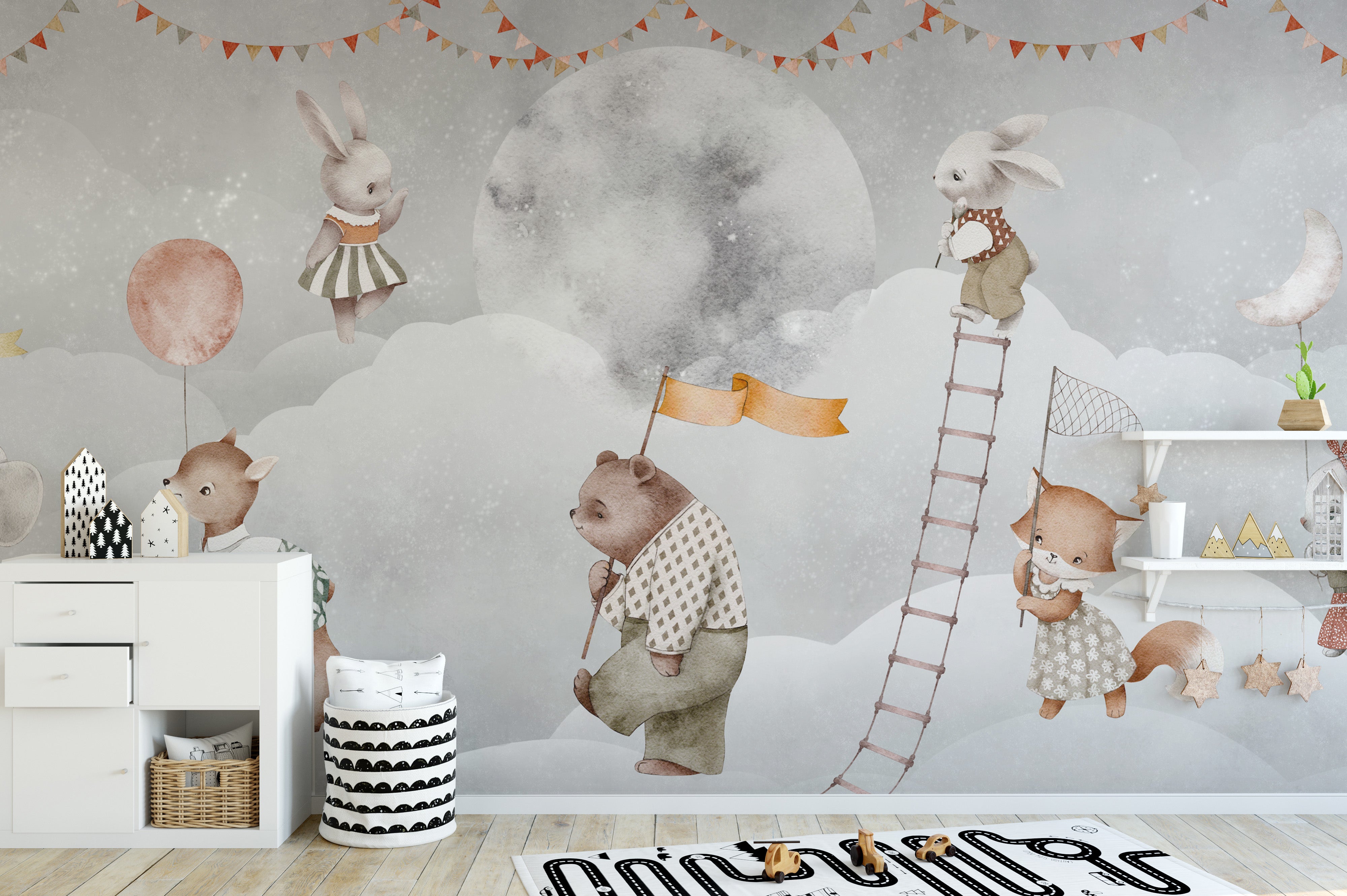 Moonlit bears mural with forest charm
