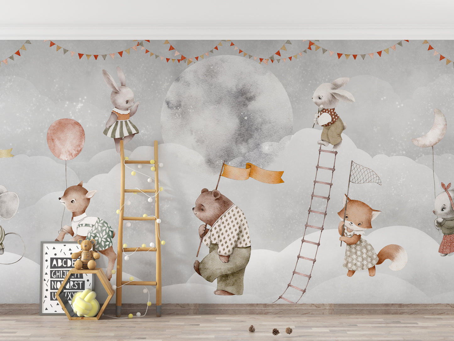 Cute forest bears wallpaper mural style
