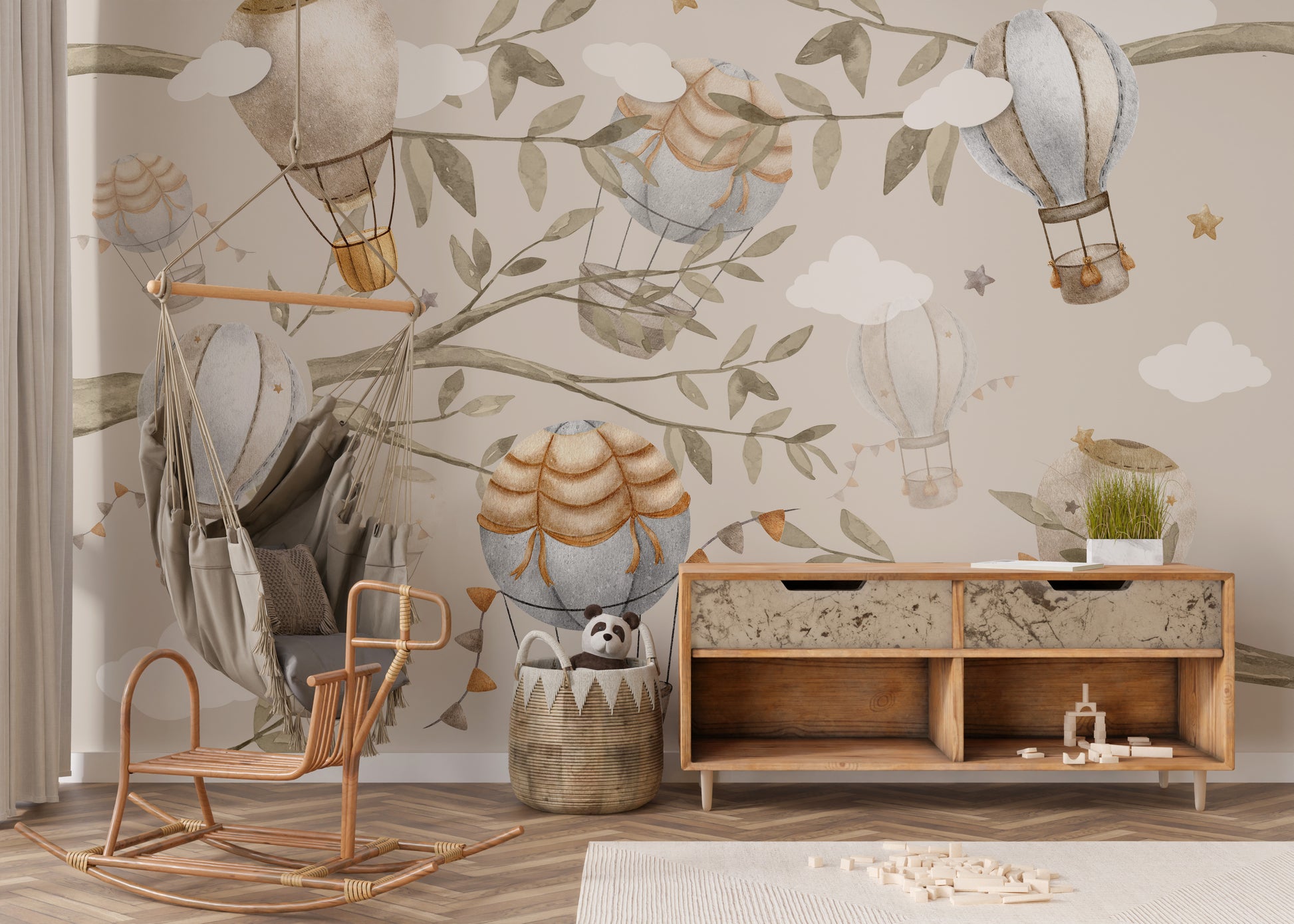 Floating Balloons Nursery Mural for a whimsical vibe