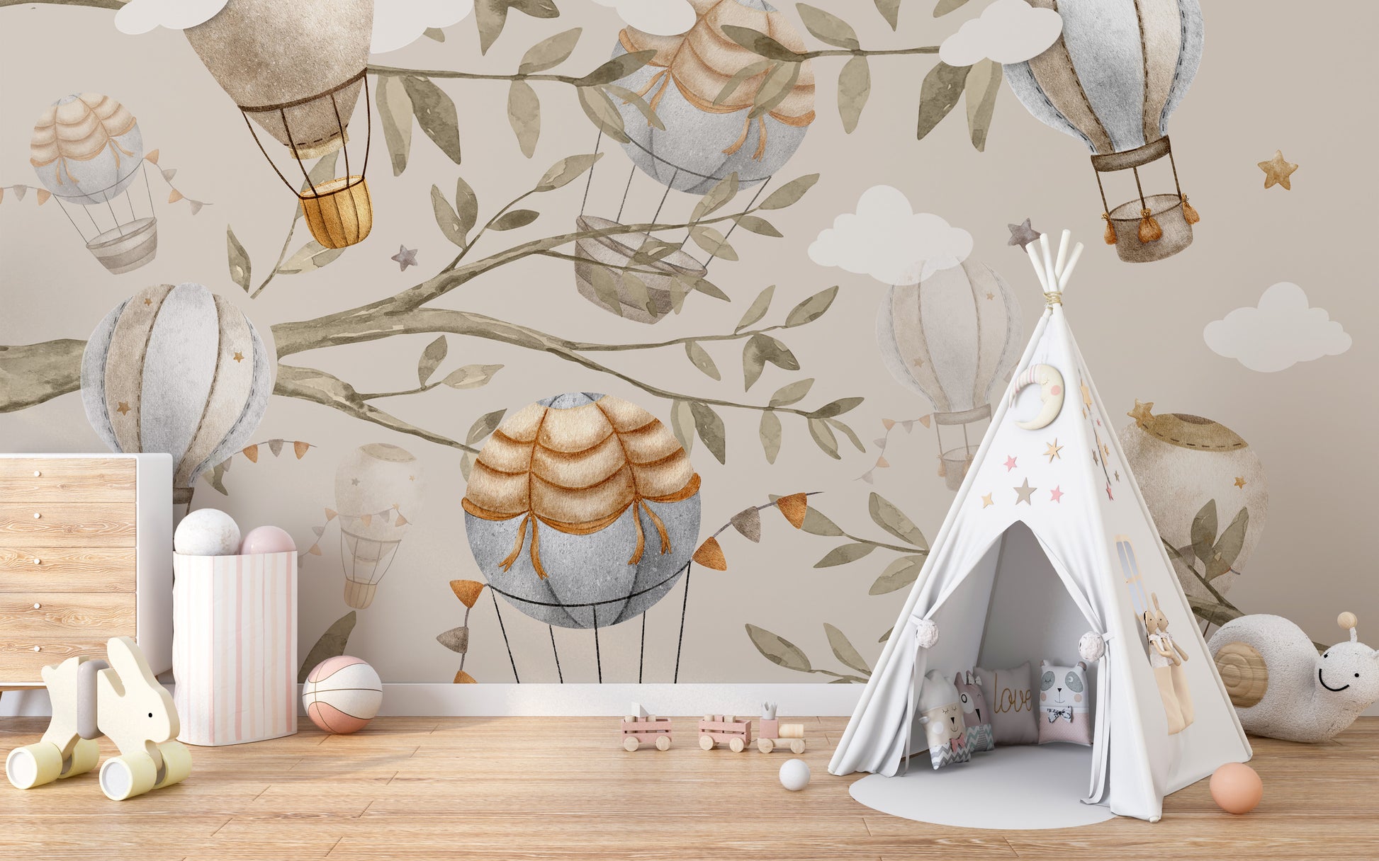 Floating Balloons Nursery Mural for a joyful atmosphere