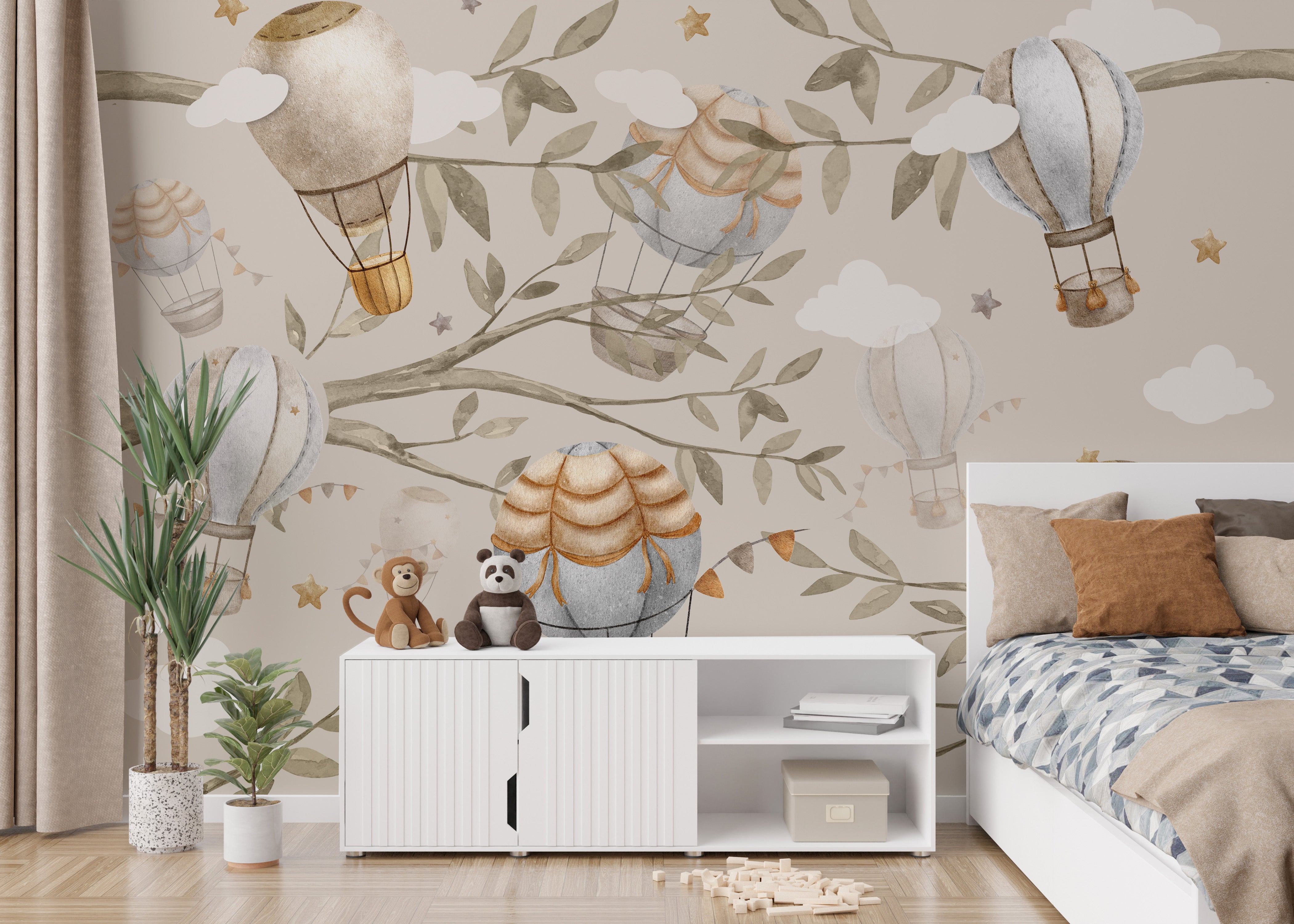 Floating Balloons Nursery Mural with pastel-colored balloons