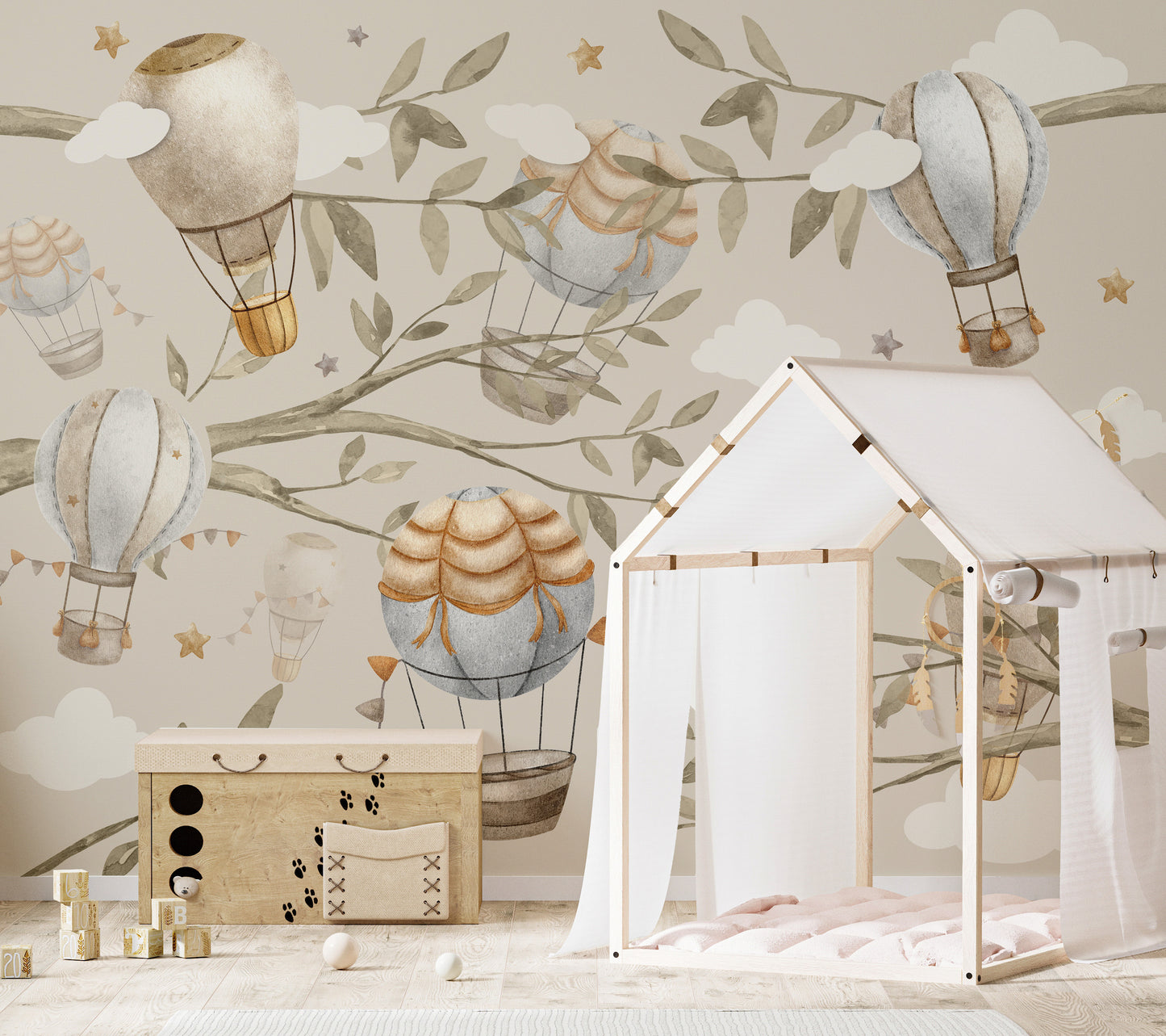 Floating Balloons Nursery Mural with playful design