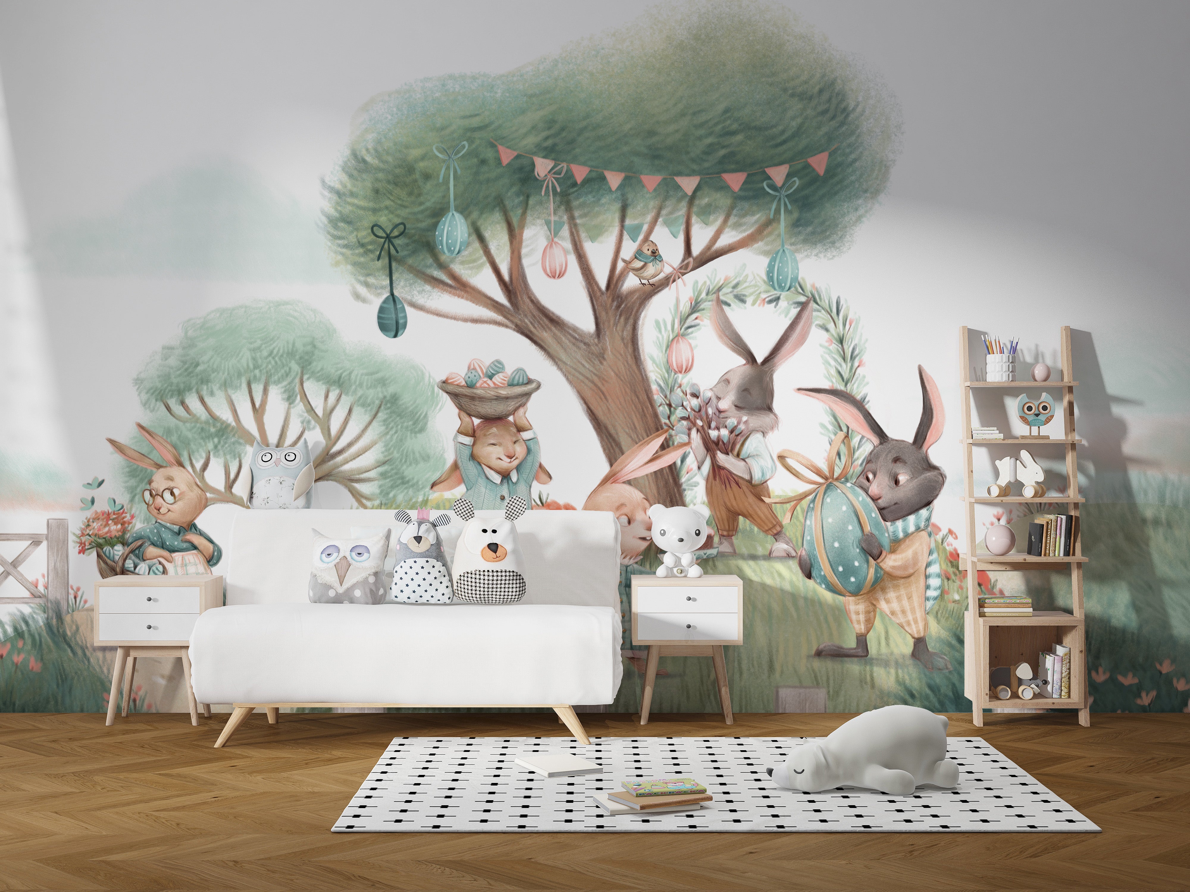 Woodland wallpaper mural with natural tones
