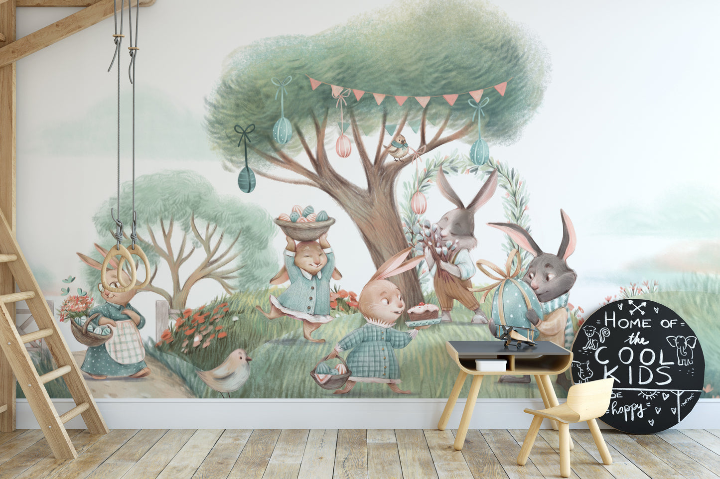 Lush green trees on wallpaper mural design
