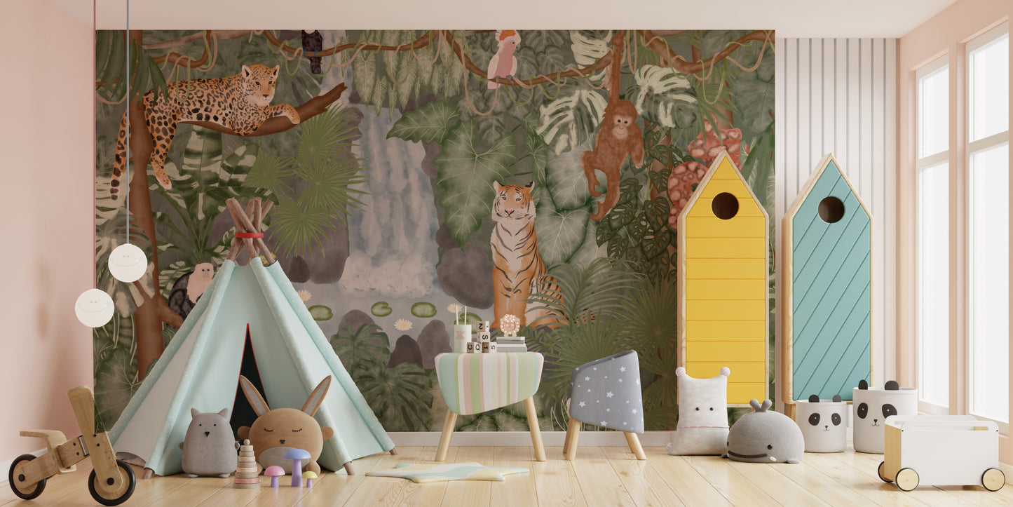 Kids' Tropical Jungle Animals Wall Mural for Playful Vibe