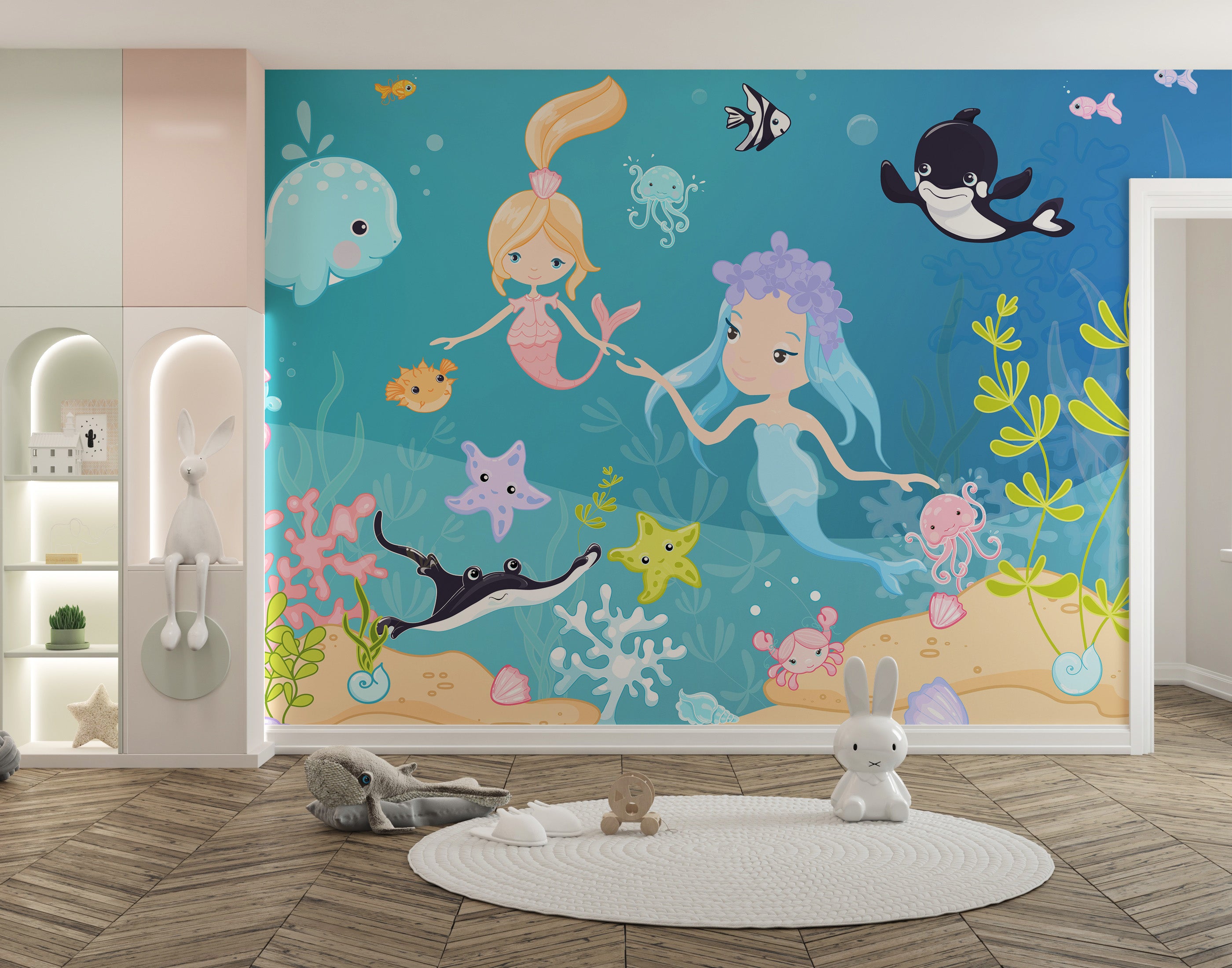 Colorful underwater mermaid wallpaper design
