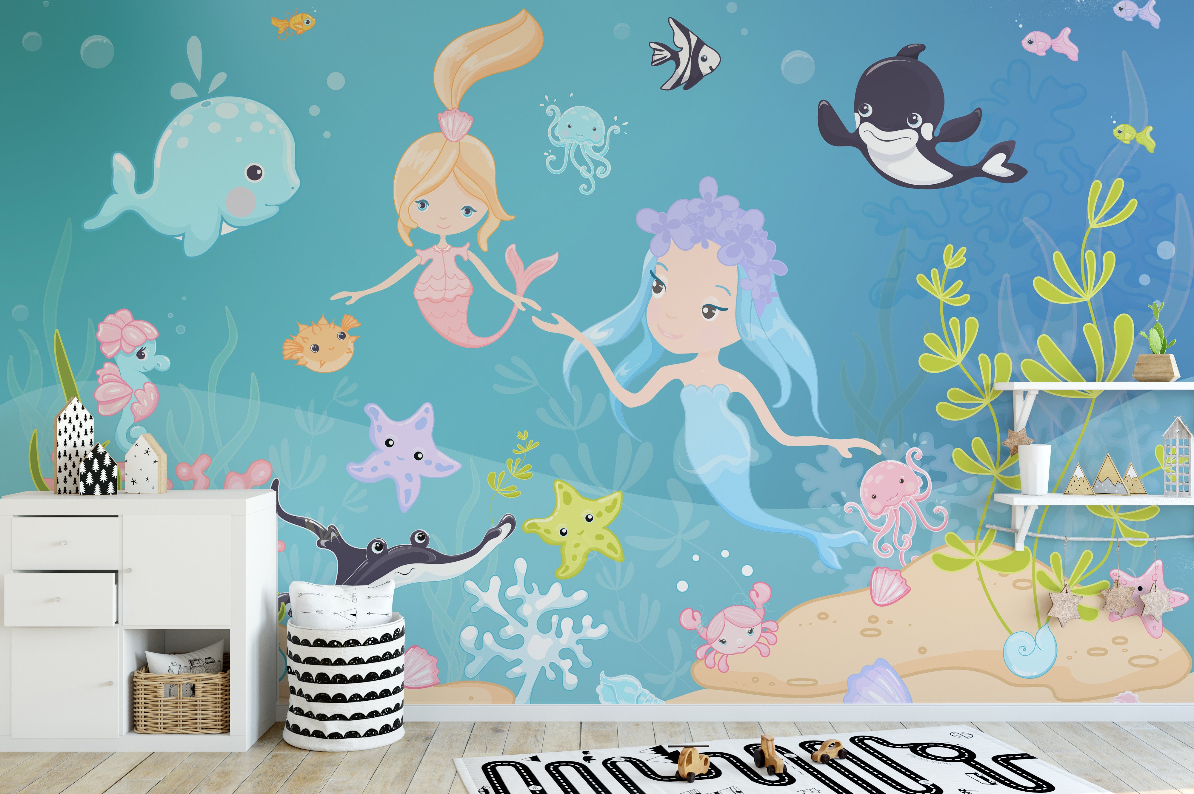 Cute mermaid and ocean mural for decor
