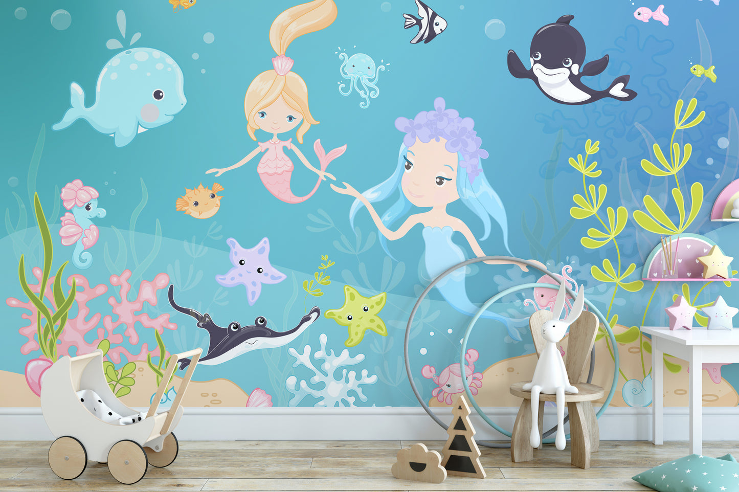 Mermaid Friends underwater ocean mural style
