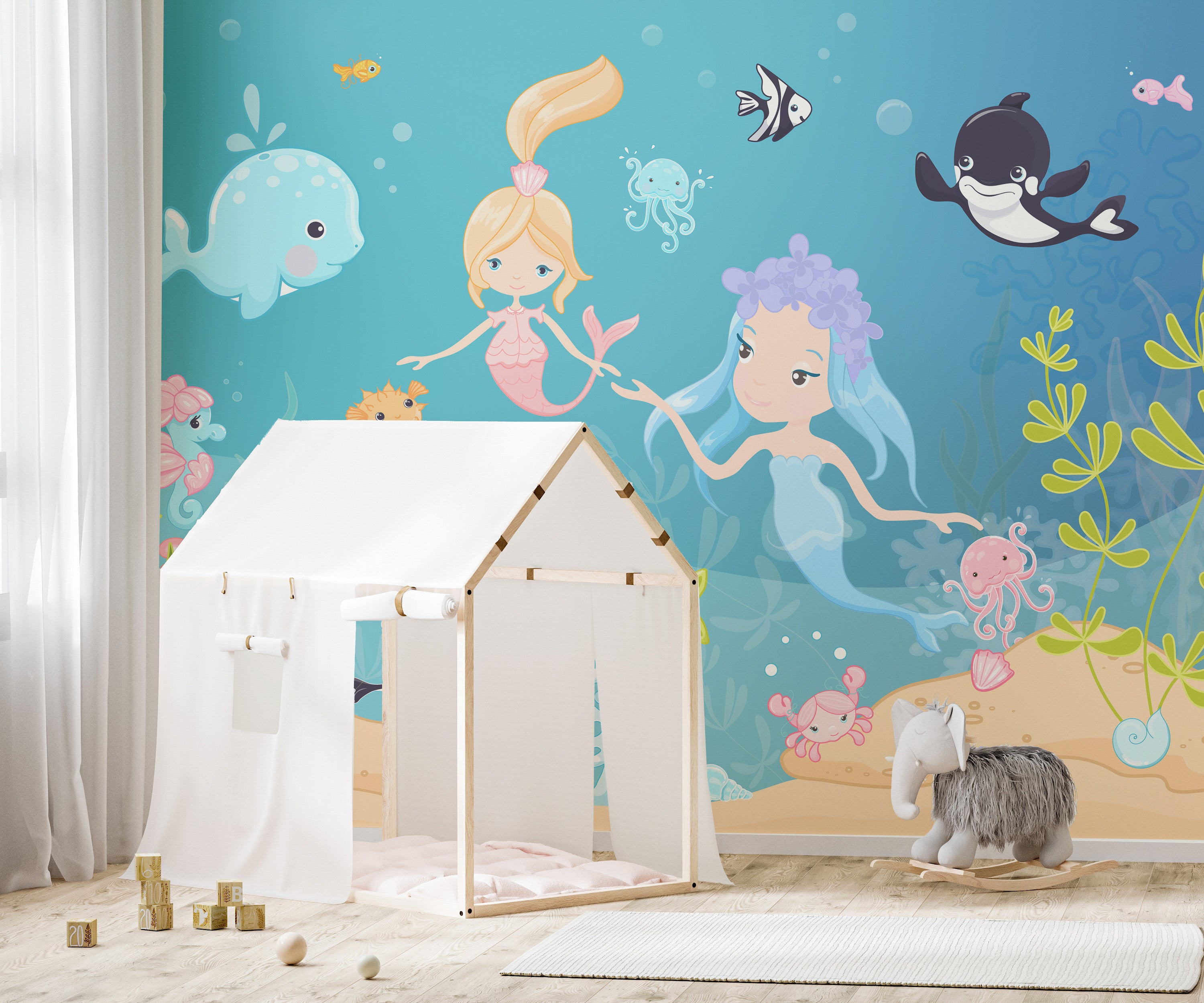 Playful ocean wallpaper featuring mermaids
