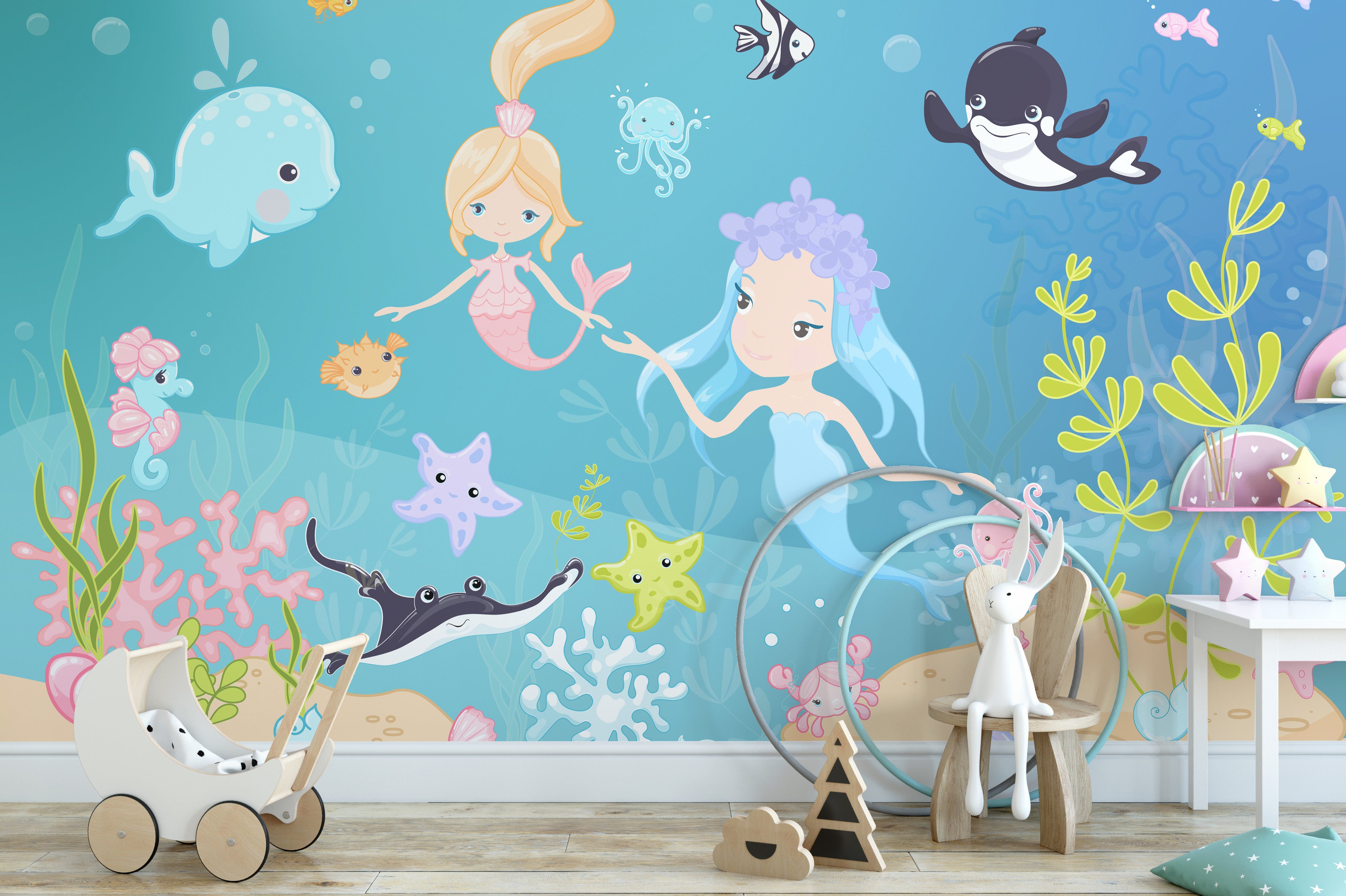 Mermaid Friends ocean mural for lively vibe



