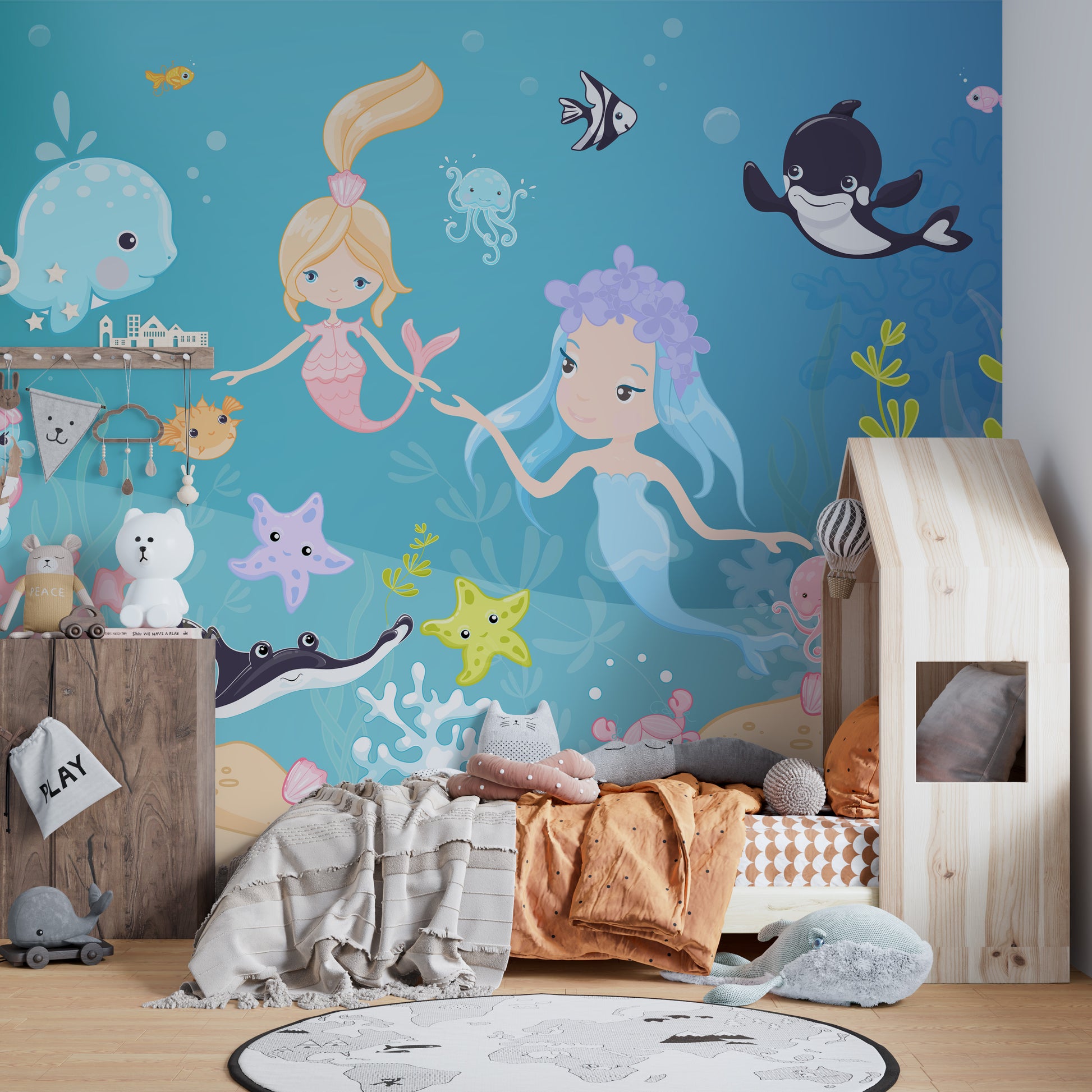 Ocean-themed mural with mermaid design
