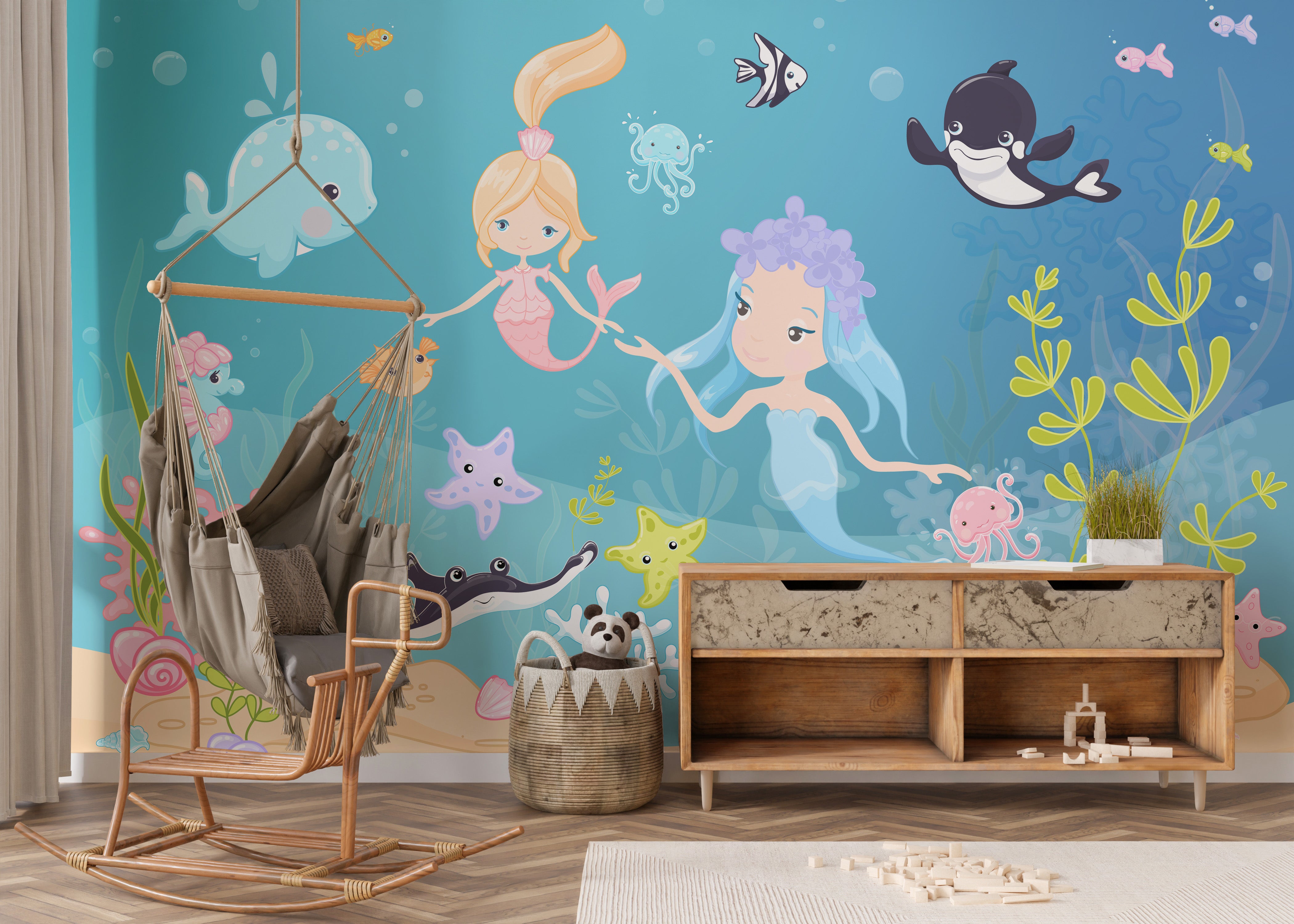 Playful mermaid friends wallpaper for walls
