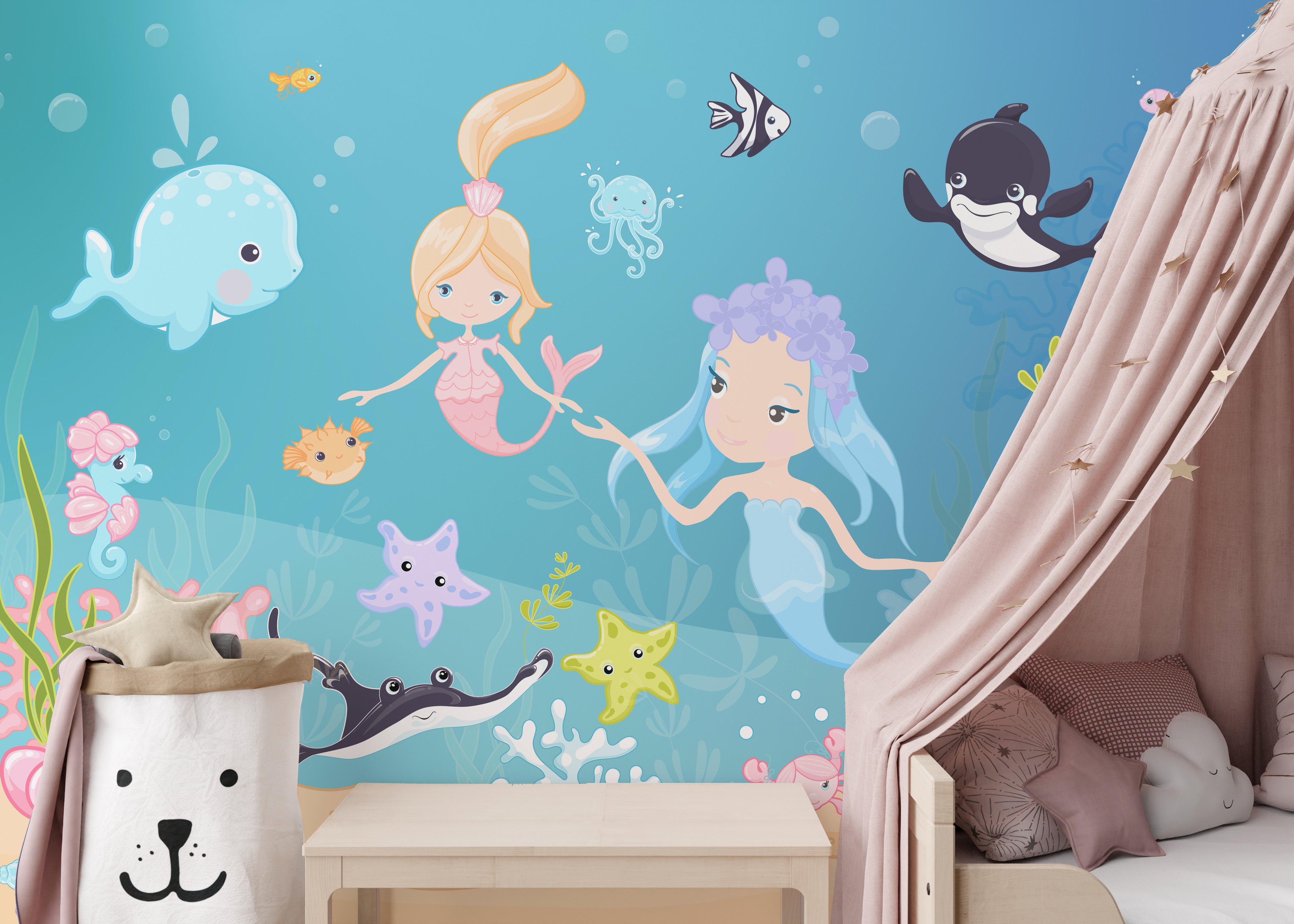 Vibrant ocean scene with mermaids mural
