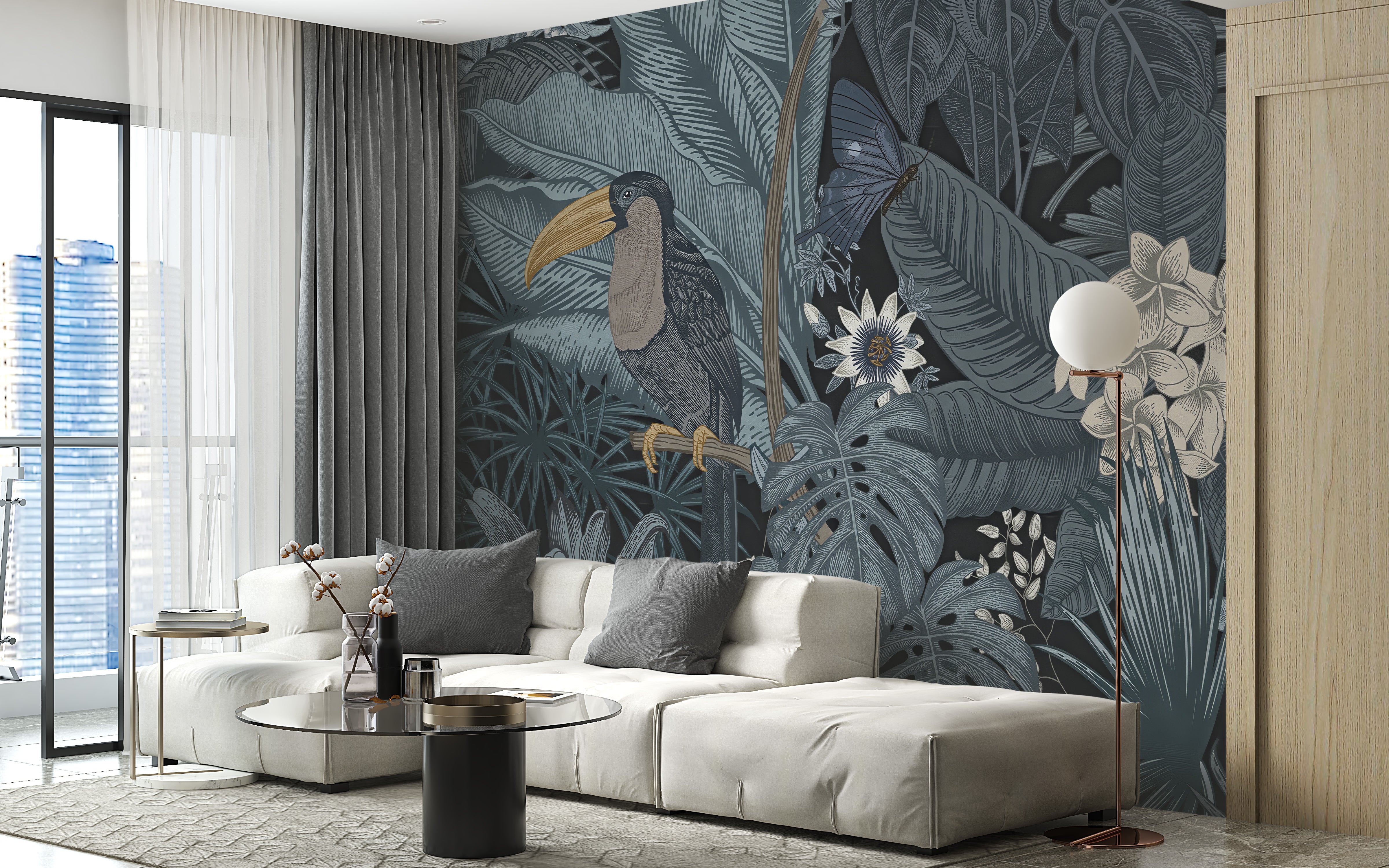 Unique toucan mural with lush tropical look
