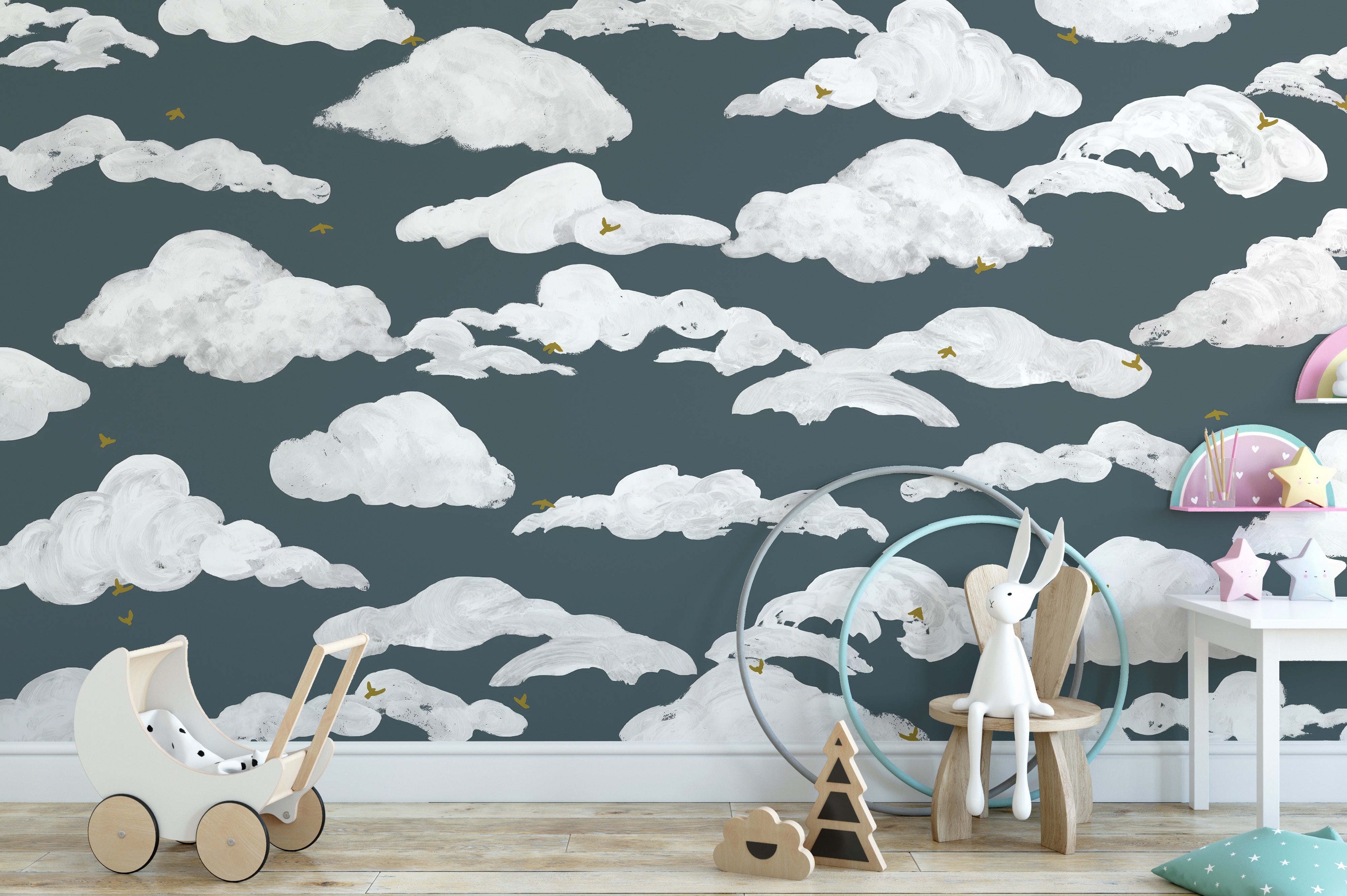 Peaceful sky mural featuring pastel tones
