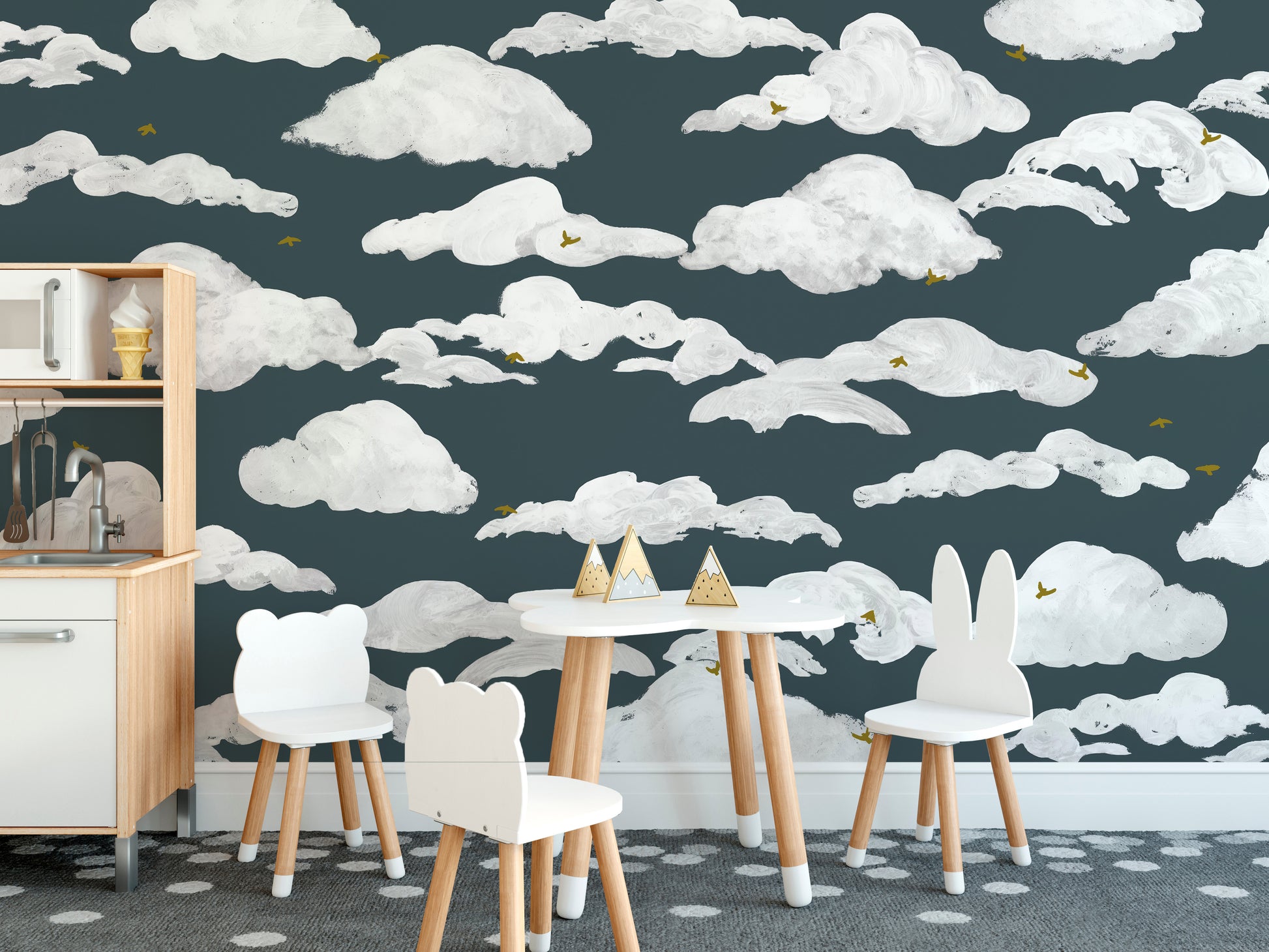 Dreamy sky mural in calming pastel colors
