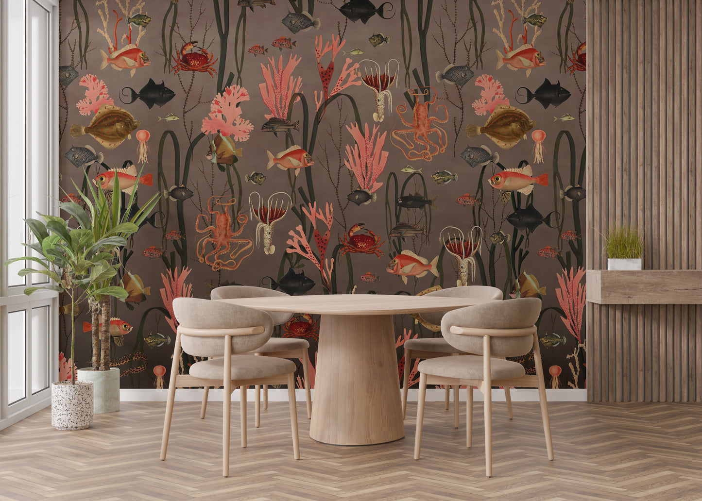 Lively ocean creatures wallpaper mural scene
