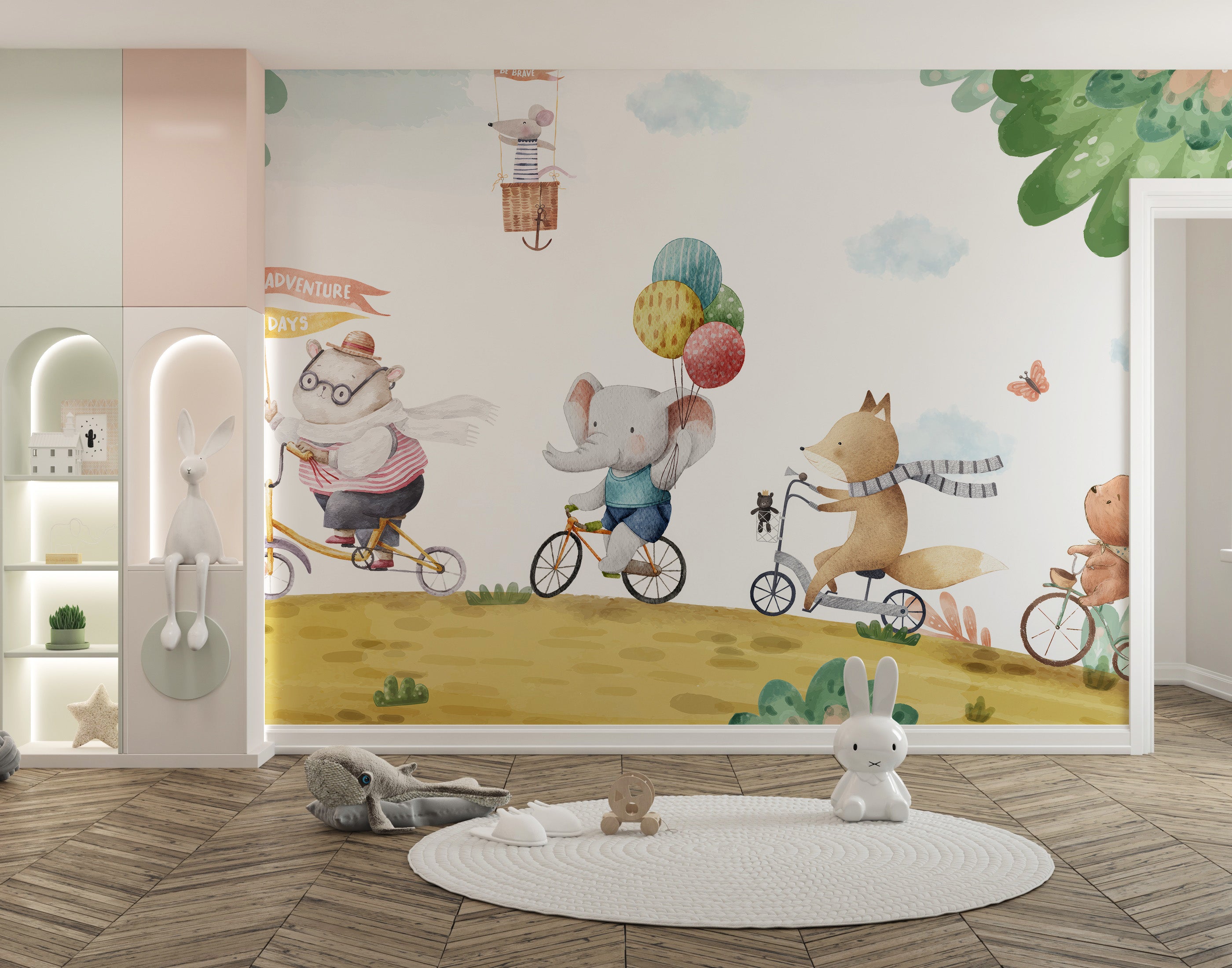 Room wallpaper featuring playful animals on bicycles