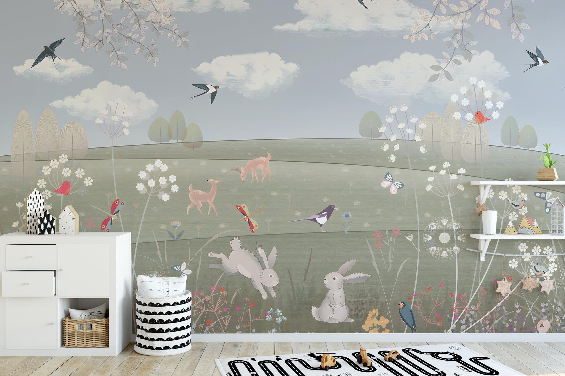 Adorable wildlife mural wallpaper design
