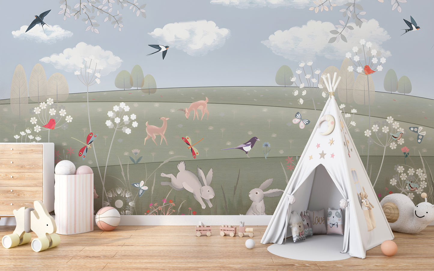 Playful wildlife wallpaper mural for kids
