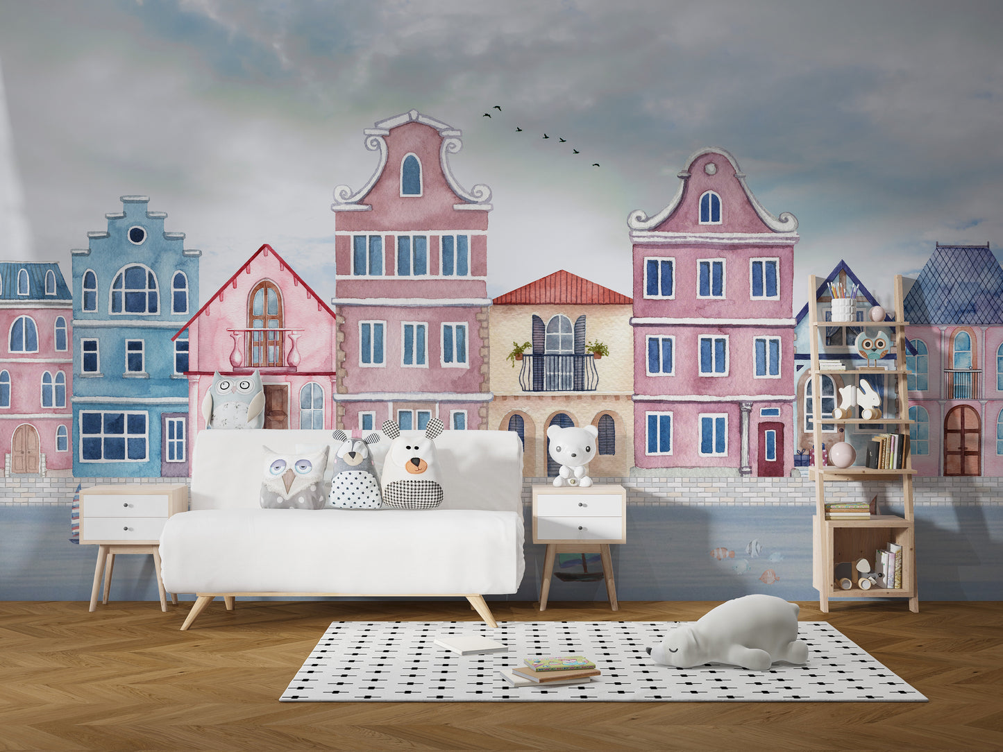 Wallpaper mural of vintage seaside cottages
