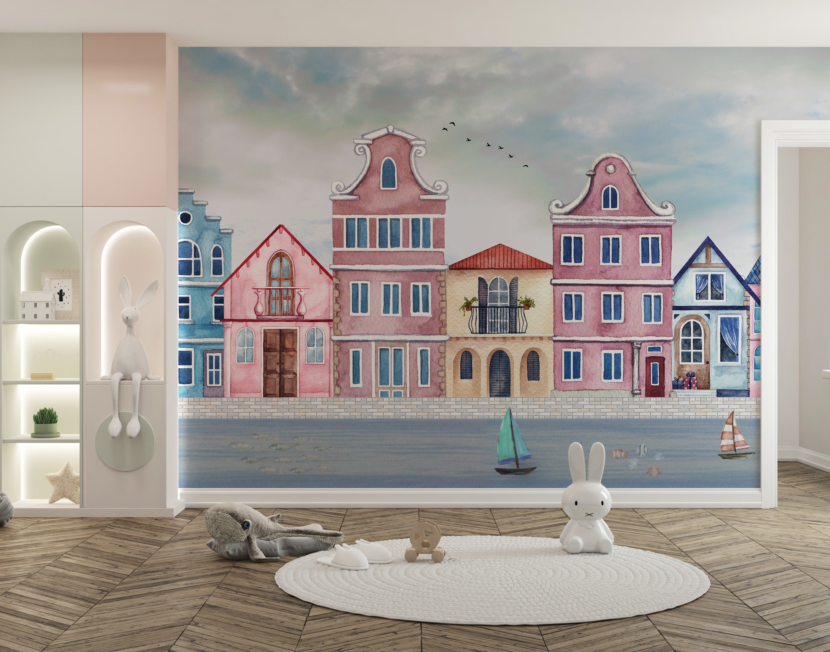 Vintage seaside mural showing coastal homes
