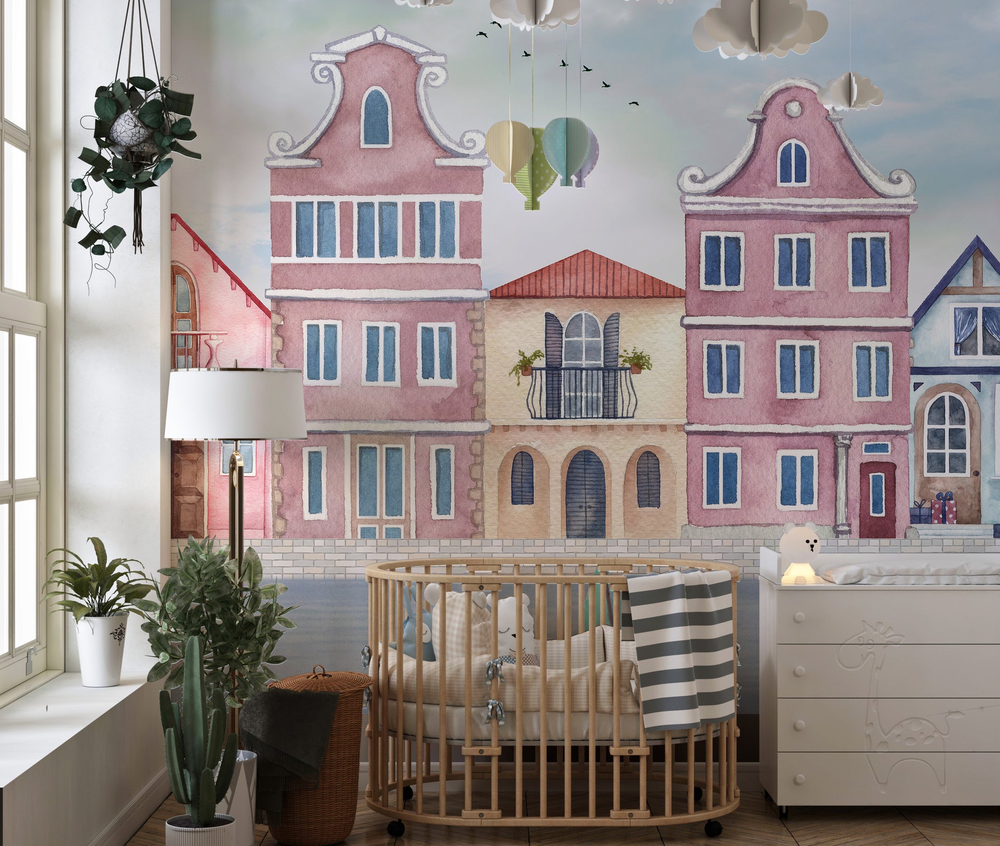 Serene seaside houses mural with vintage touch
