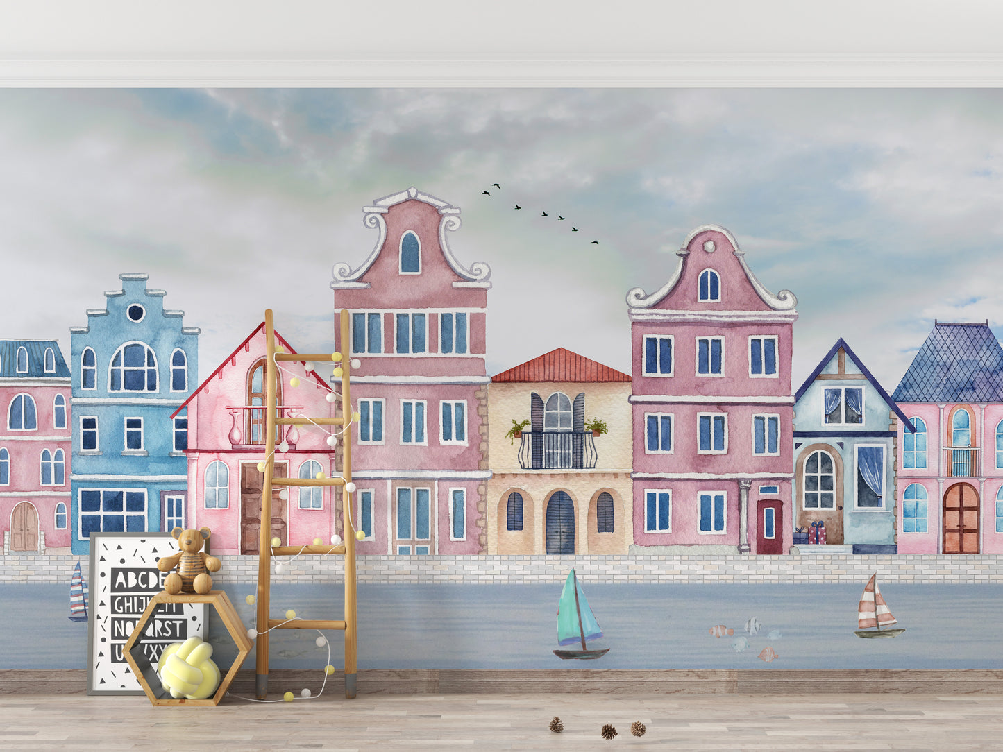 Vintage seaside houses wallpaper mural design
