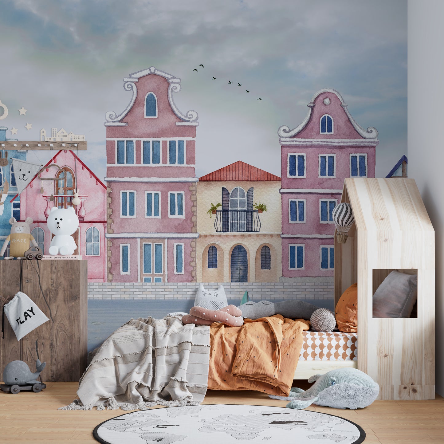 Coastal houses wallpaper mural with vintage feel
