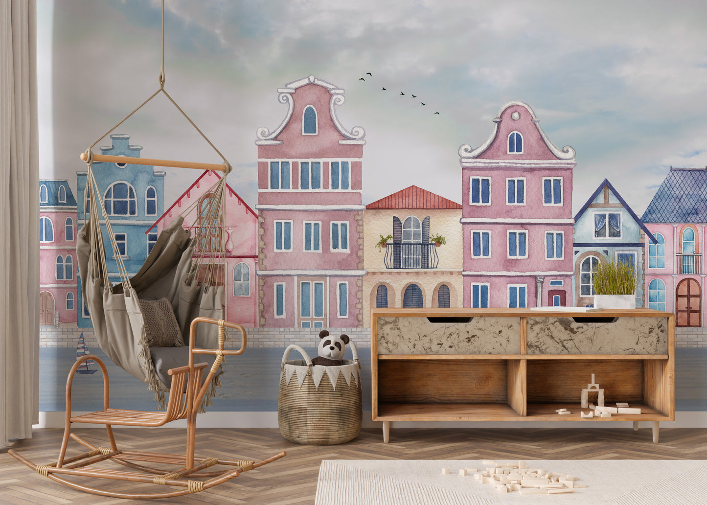 Vintage beach houses mural with soft tones
