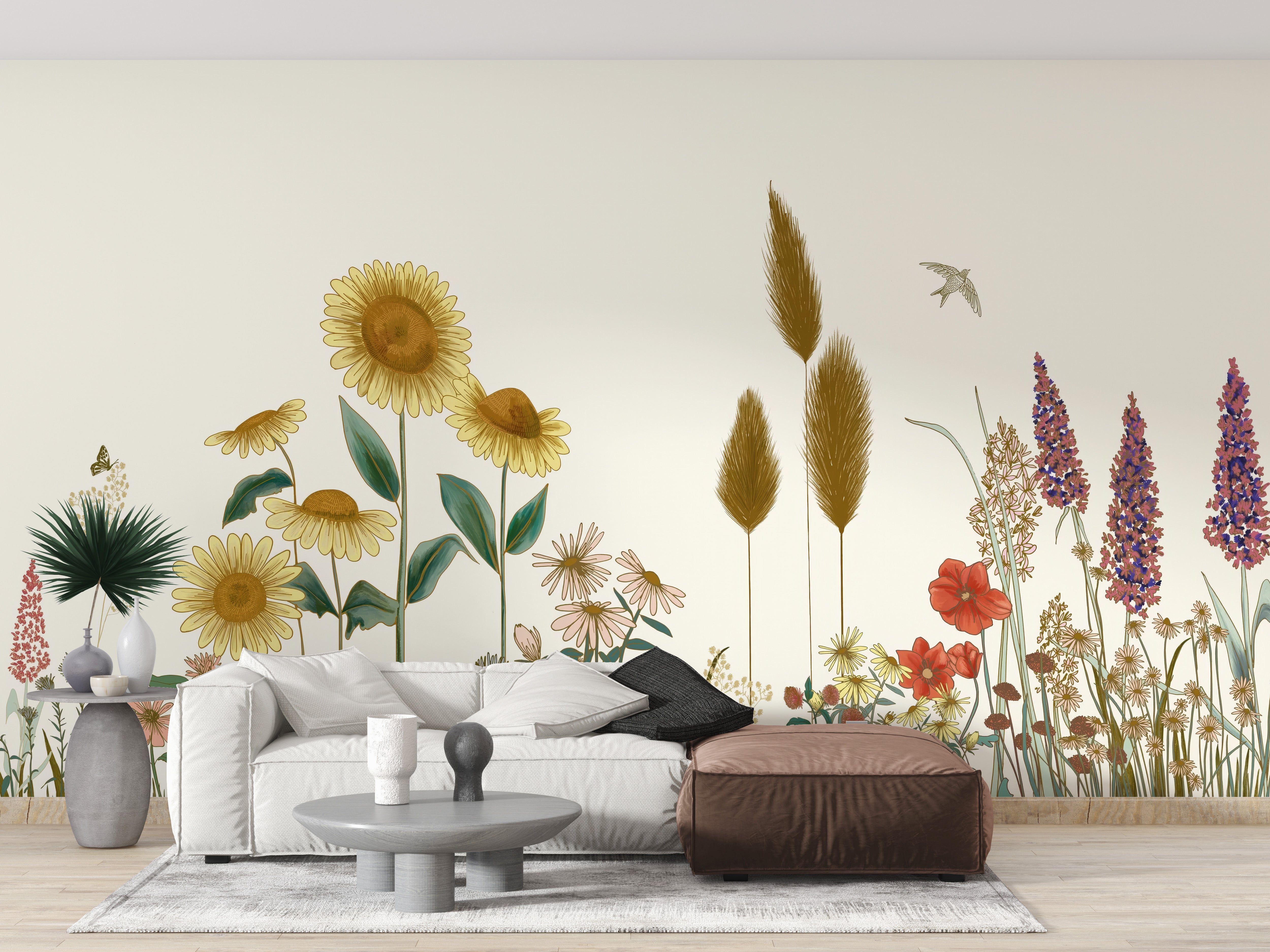 Golden floral field in a wallpaper mural
