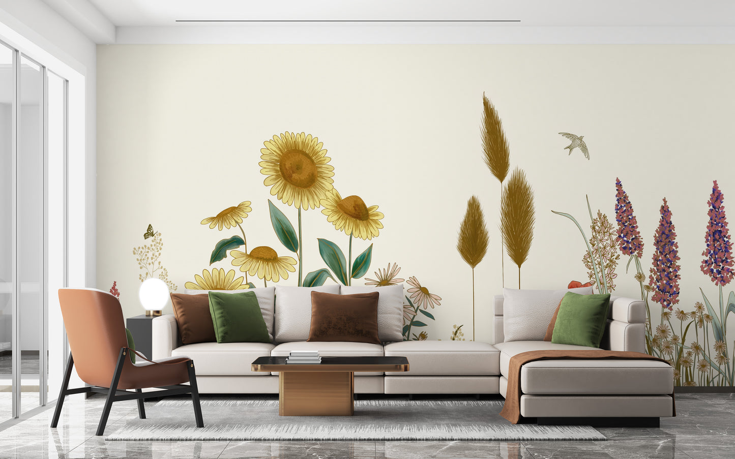 Rustic sunflower field mural artwork
