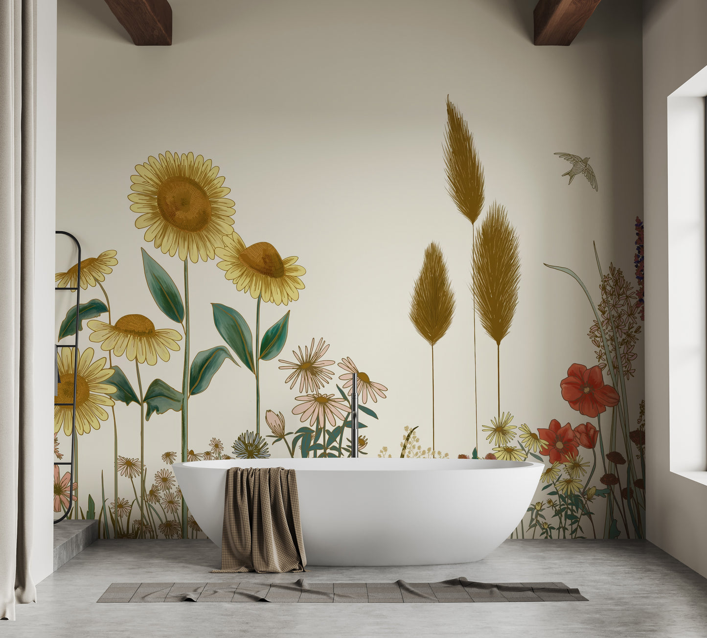 Sunflowers stretch in a wallpaper mural
