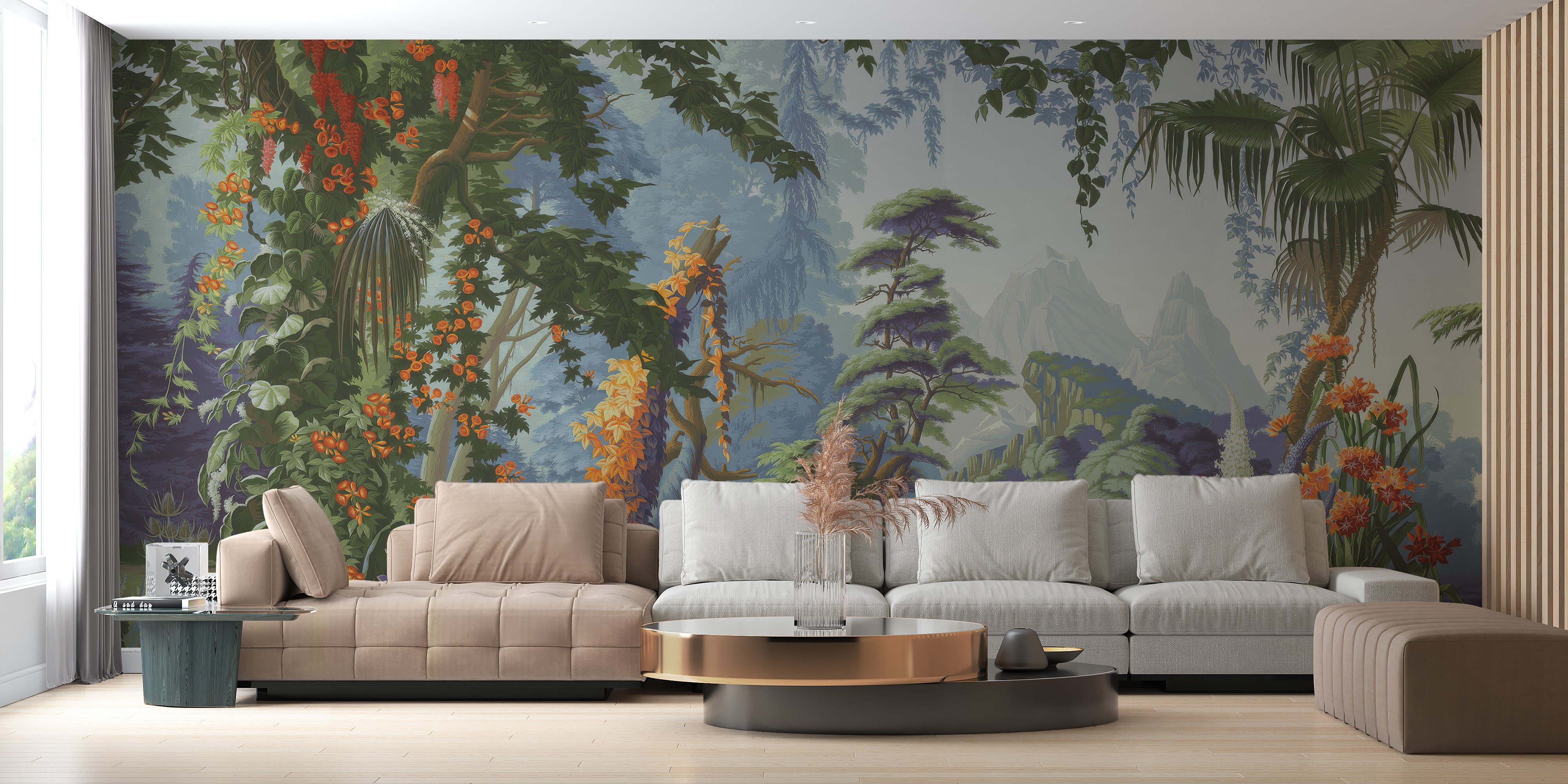 Tropical paradise wallpaper with leafy accents
