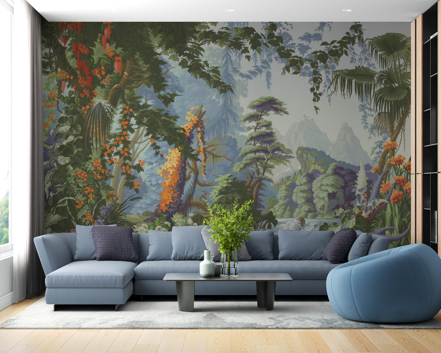 Beach-inspired mural with tropical foliage
