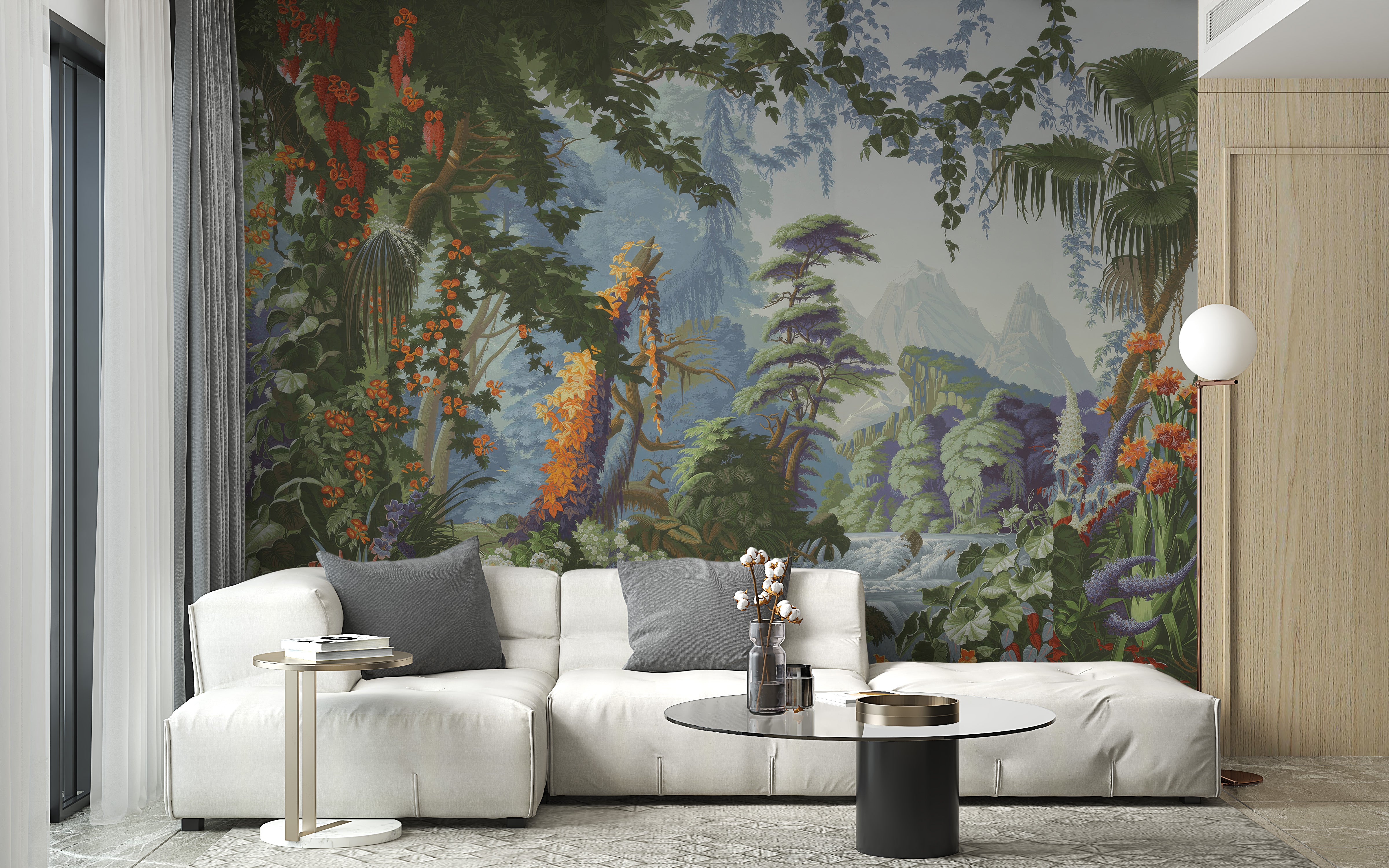 Lush green tropical mural with leaf details
