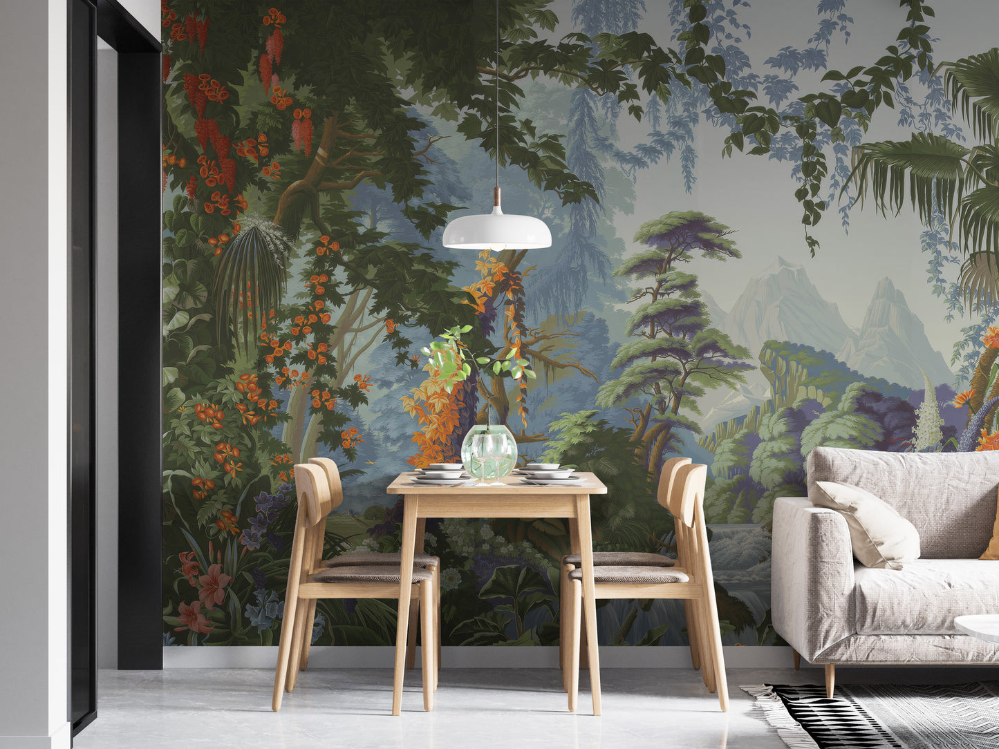 Vibrant palm leaves in tropical mural design
