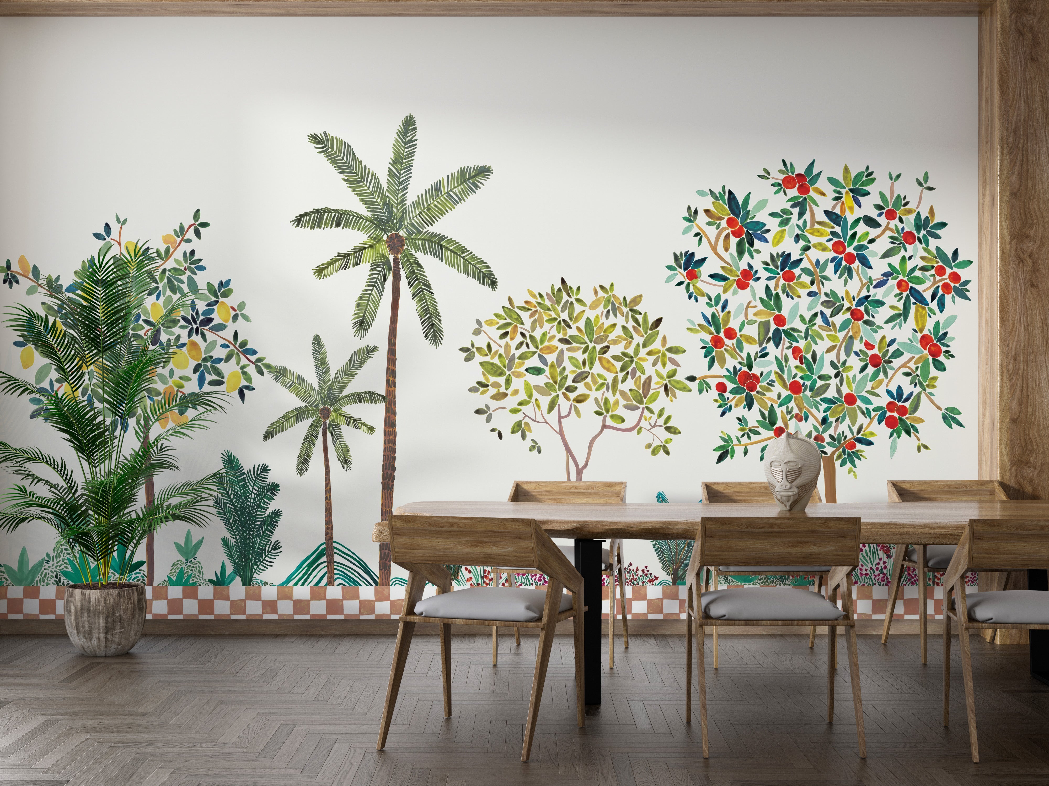 Verdant mural wallpaper with lemon tree design
