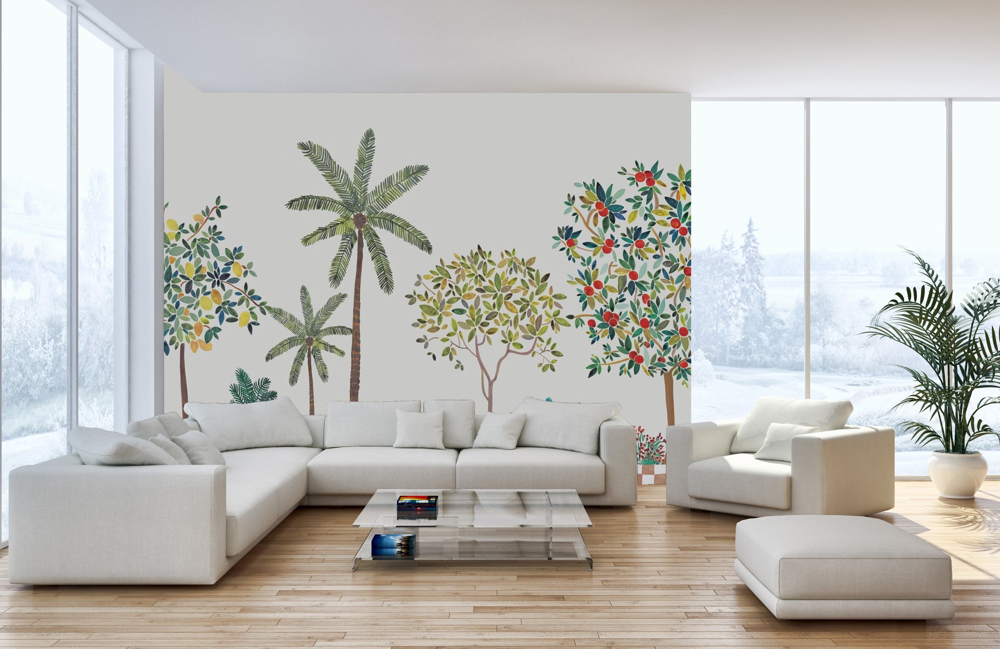 Serene verdant lemon tree mural wallpaper art
