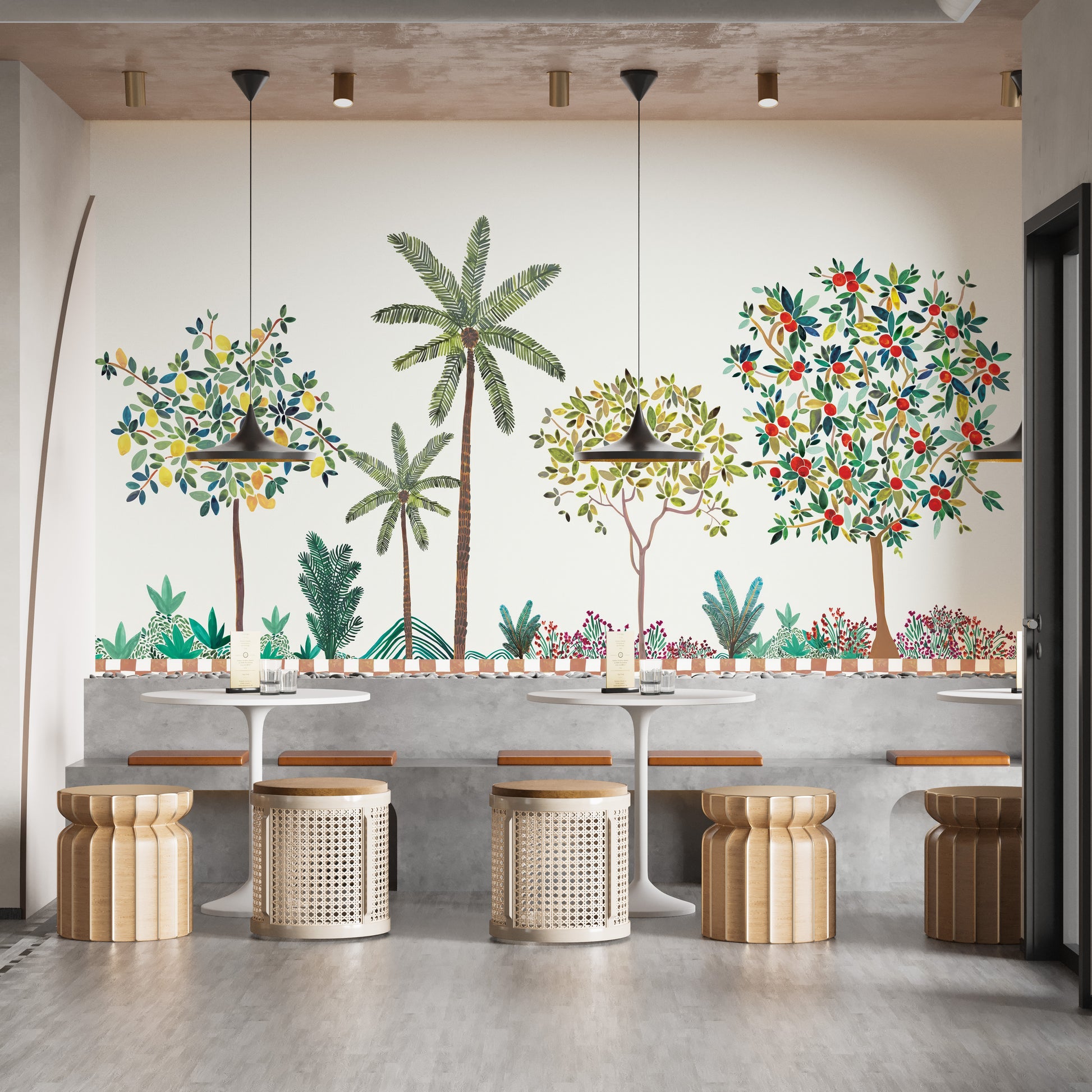 Lemon tree mural with lush greenery wallpaper
