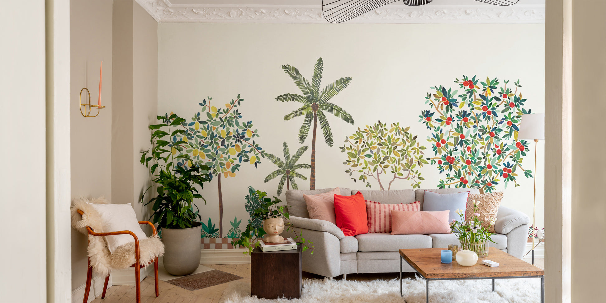 Lemon tree wallpaper mural with vibrant foliage
