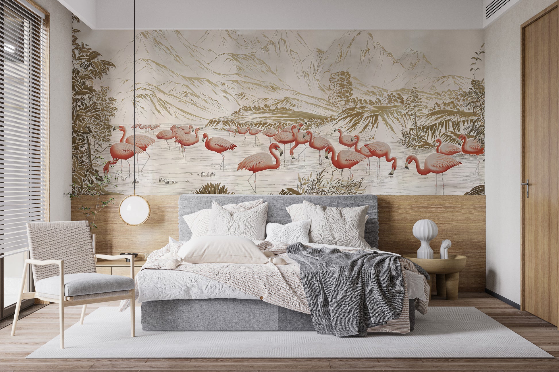 Add charm with Flamingo Lake Wallpaper Mural